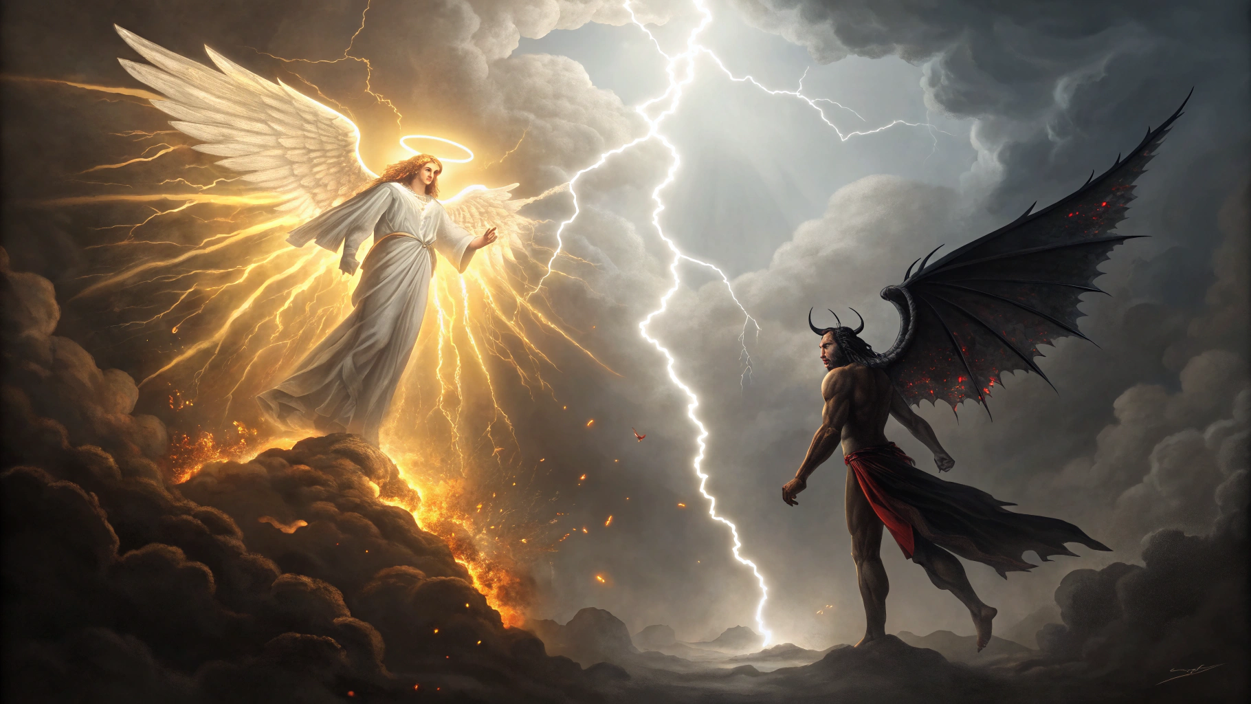 AI generated image by Red Panda AI: Una escena épica y dramática que represente el conflicto celestial entre el bien y el mal. En el centro, un ser divino luminoso (Dios) con una expresión de autoridad y tristeza, rodeado de rayos de luz dorada. A su lado, un ángel caído oscuro y poderoso (Satanás) con alas rotas y una mirada desafiante, envuelto en llamas y sombras. Alrededor, otros ángeles caídos con expresiones de rebelión y dolor, flotando en un fondo de cielos tormentosos con nubes oscuras y destellos de relámpagos. La escena debe transmitir un tono misterioso, espiritual y lleno de tensión. Colores contrastantes: dorados, blancos y negros, con detalles realistas y un estilo artístico impactante para una miniatura de YouTube."