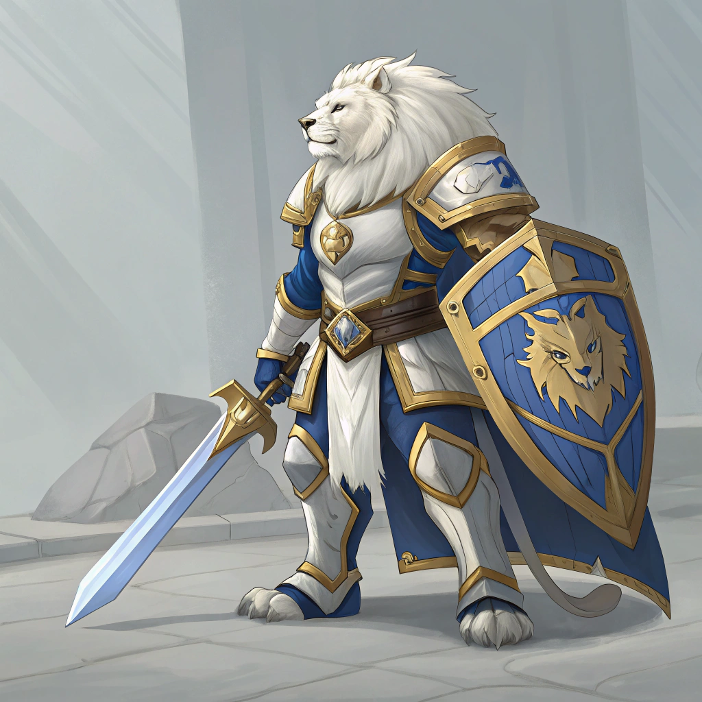 AI generated image by Red Panda AI: Conceptual art. Conceptual design of a character for a MOBA type video game. The character is an anthropomorphic white lion, he has blue, white and gold paladin armor.