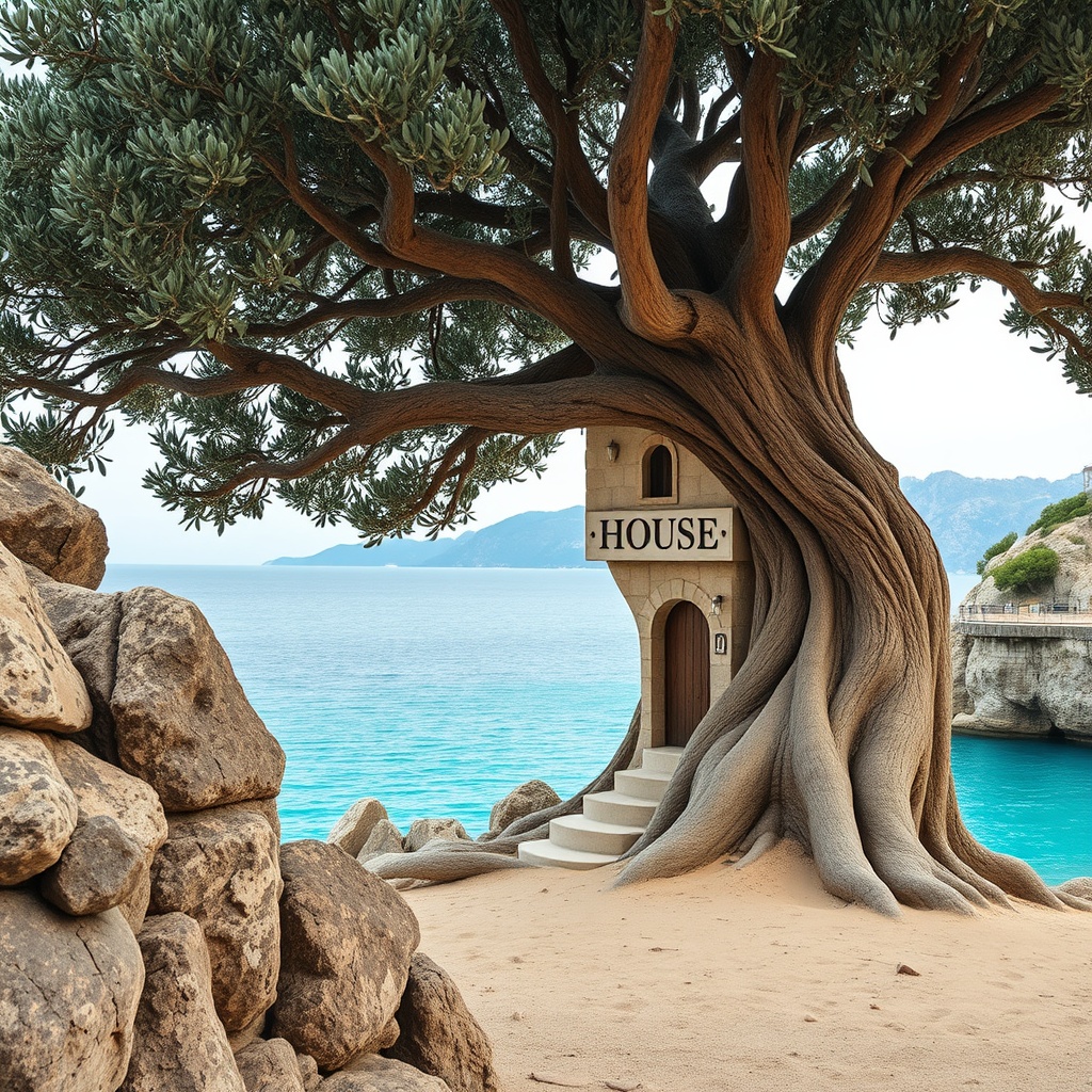 AI generated image by FLUX.1-schnell: Raw close up photography 4D, extremely detailed A realistic treehouse with biggest sign elegant text "ARIA HOUSE" nestled within a large, ancient olive and apple fruit trees, rooted into a craggy cliff overlooking a tranquil, azure blue sea. The treehouse, crafted from light beige black rock stone, blends seamlessly with the rock face, featuring small windows and a simple nature wooden door. The apple tree's branches drape over and around the structure, creating an organic and interconnected design. The rocky cliff and surrounding beach are a mix of muted sandy grays and beiges, contrasting with the vibrant blue of the water. A distant mountain range fades into the soft, pastel sky. The lighting is soft and diffused, highlighting the texture of the stone and the beautiful foliage, creating a serene and dreamlike atmosphere. Focus on the intricate details of the tree's bark and the house's weathered stone. Emphasize the connection between the natural and man-made elements.