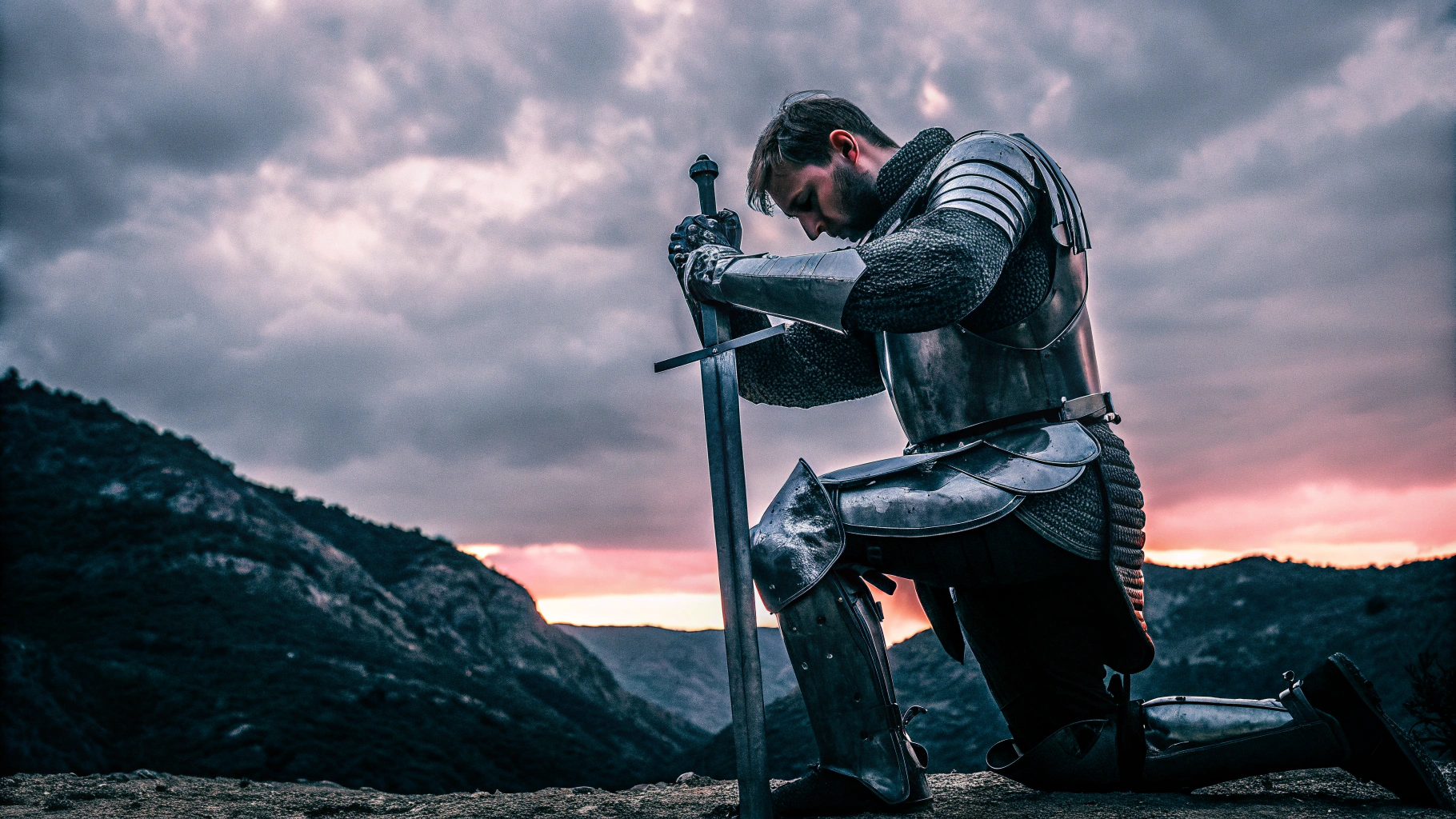 AI generated image by Red Panda AI: un chevalier en armure, s'appuyant sur son épée plantée dans le sol, en position de rédemption avec des montagnes l'entourant