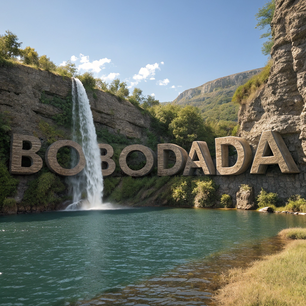 AI generated image by Red Panda AI: 3D letters spelling "Bobodada"carved out of rock with a waterfall over it plunching into a lake an a idyllic landscape, photorealistic, hyperdetailed, 8K hdr, octame render,