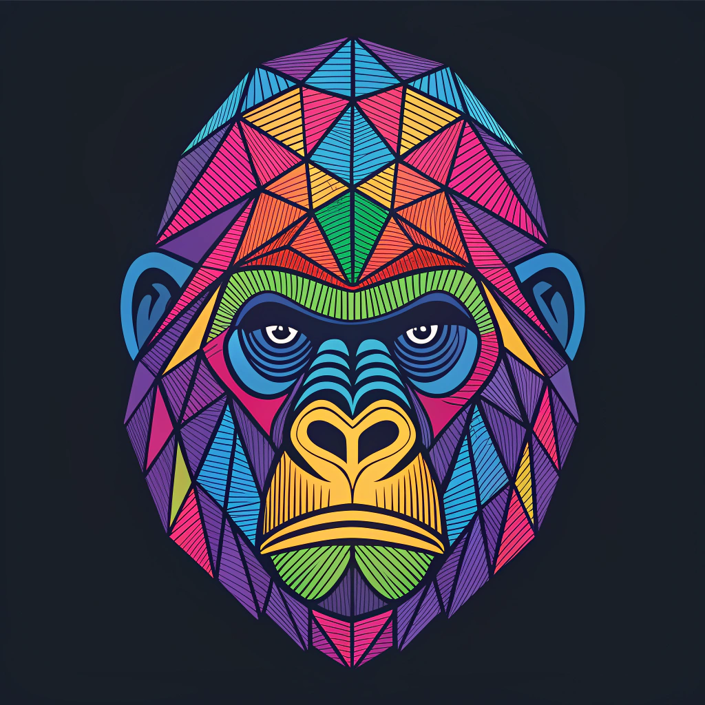 AI generated image by Red Panda AI: Create an image of: Gorilla head with colorful geometric pattern on dark background. Abstract vector illustration. Stylized digital illustration of a gorillas head, using a geometric, low-poly design with vivid colors. Bright shades of blue, pink, orange, and purple form symmetrical facets, giving a multifaceted, abstract appearance. The gorillas eyes are strikingly prominent with bright blue, set against a dark, contrasting background. This modern artistic style emphasizes bold lines and shapes, creating a dynamic, eye-catching effect. Only use 6 colors.
