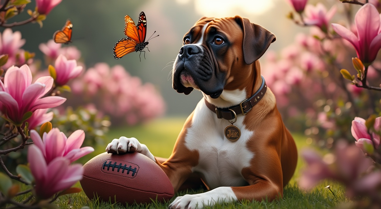 AI generated image by FLUX.1-pro: A beautiful full body image of a brown boxer dog with Ajax written on it's dog tag hanging from it's collar, he is all brown with a white chest and white front paws , he sits happy in a pink magnolia flower garden with butterflies flying and a detailed american football under it's front paw, surrounded by beautiful flowers, bushes, trees and greenery just curiously looking at the butterfly.