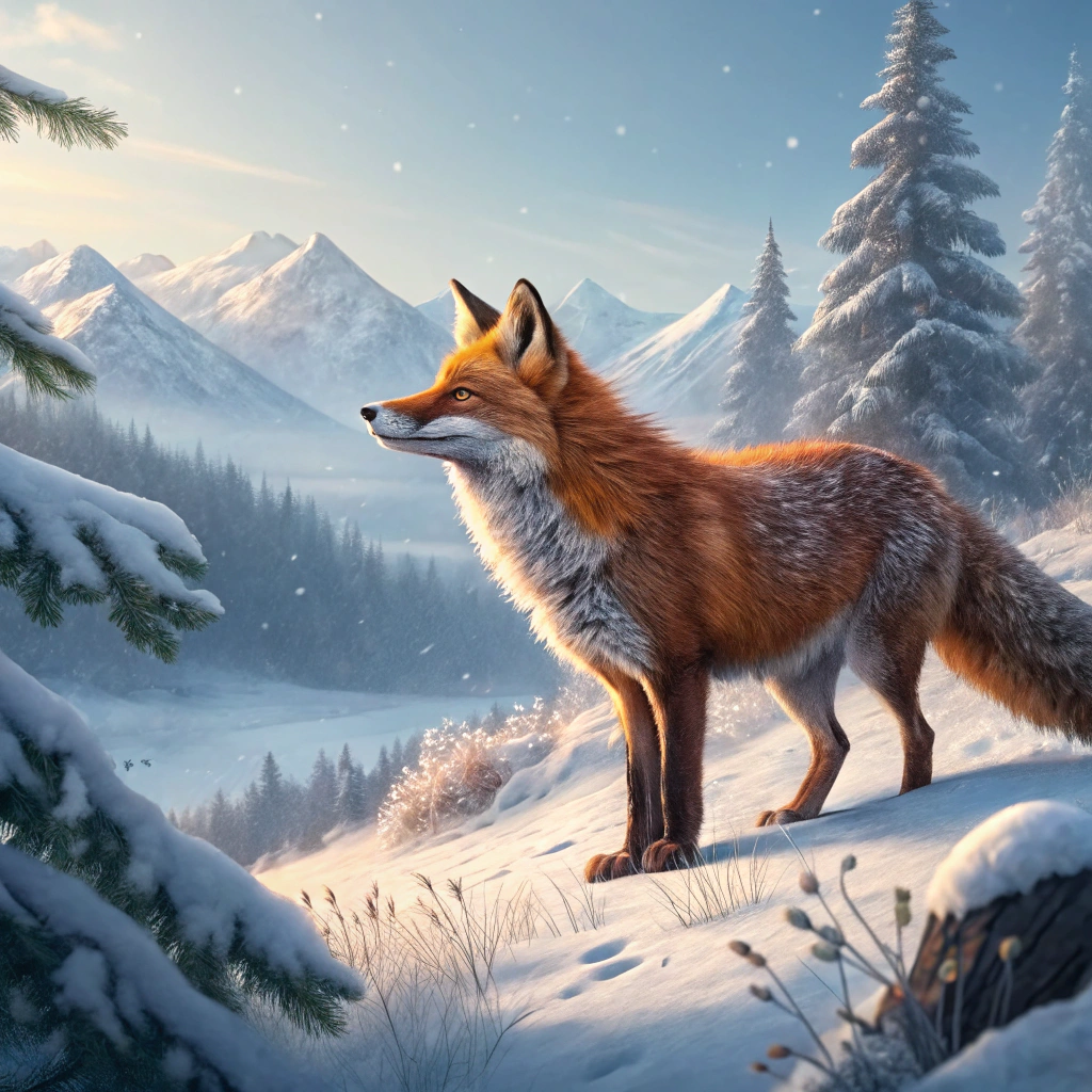 AI generated image by Red Panda AI: Rude fox with orange fur stands in a snowy forest
detailed forest and mountain in a Siberian snowy forest background, cinematic shoot, ultrareal, morning light