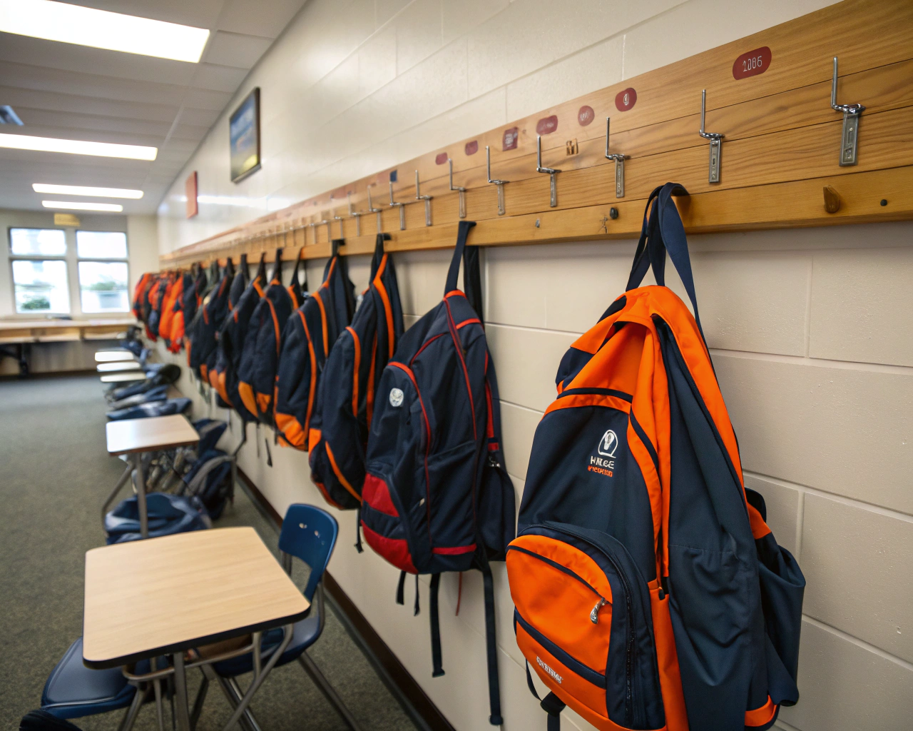 AI generated image by Red Panda AI: mochilas escolares, colgadas en un perchero de madera largo, en un aula de un colegio, que predominen los colores azul oscuro y naranja