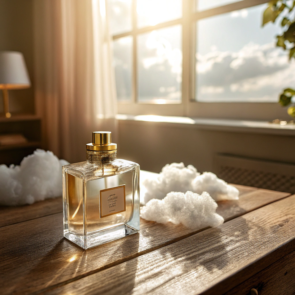 AI generated image by FLUX.1-schnell: A realistic and detailed depiction with soft, warm colors. Sunlight filters in through a window onto a wooden table, illuminating a square perfume bottle with a clear glass body and a golden cap. Surrounding the bottle are subtle, delicate white clouds of fragrance that blend harmoniously with the setting, creating a gentle, airy ambiance on the table.