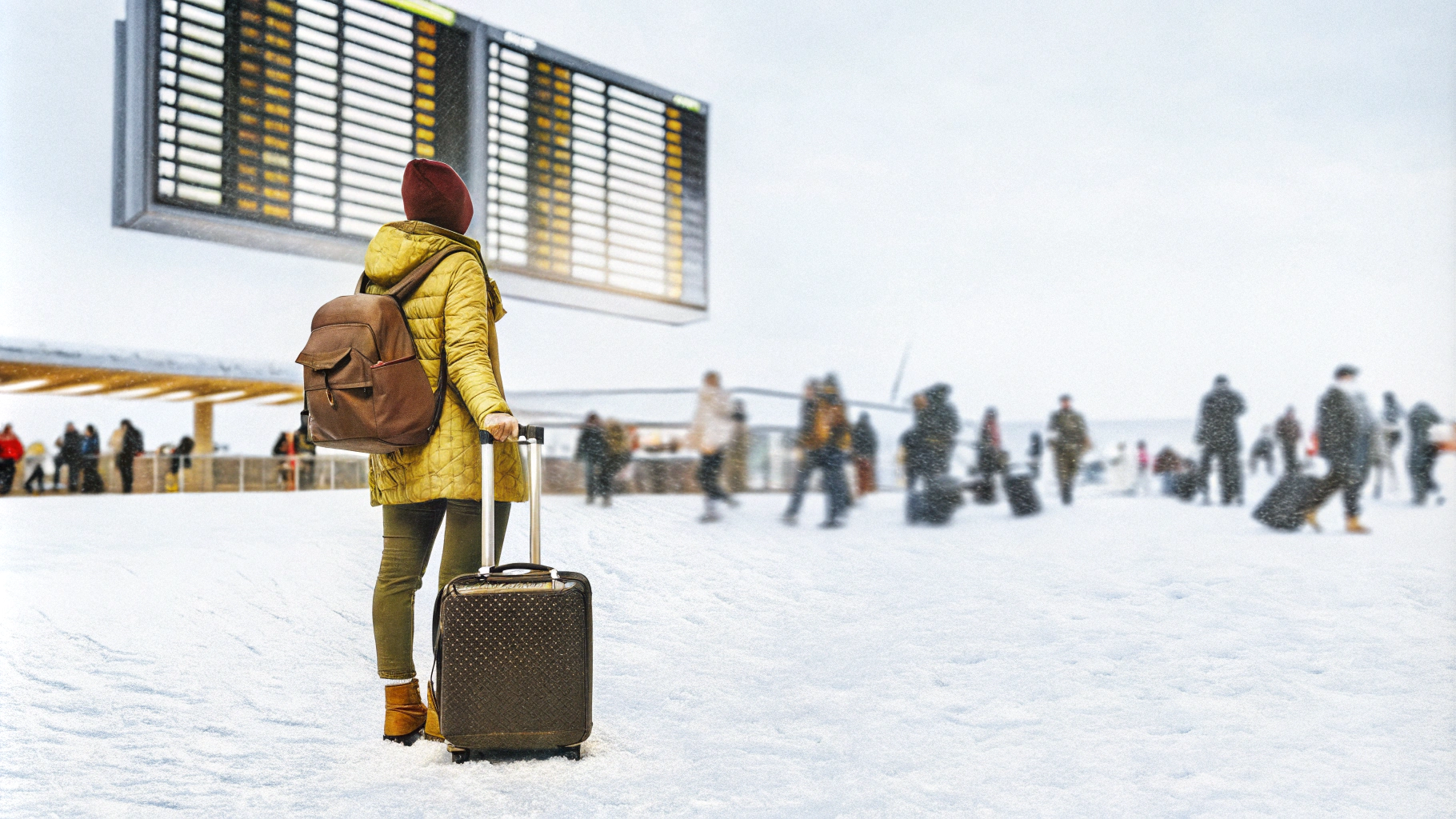 AI generated image by Red Panda AI: A female solo traveler at the airport. The traveler is wearing warm clothes and a backpack. Her clothes are bright and colorful. She is holding a luggage on wheels. She is standing in the middle of the airport and looks at the departures board. The airport is heavily crowded. A lot of people are walking besides her. The atmosphere is cold and light blue.