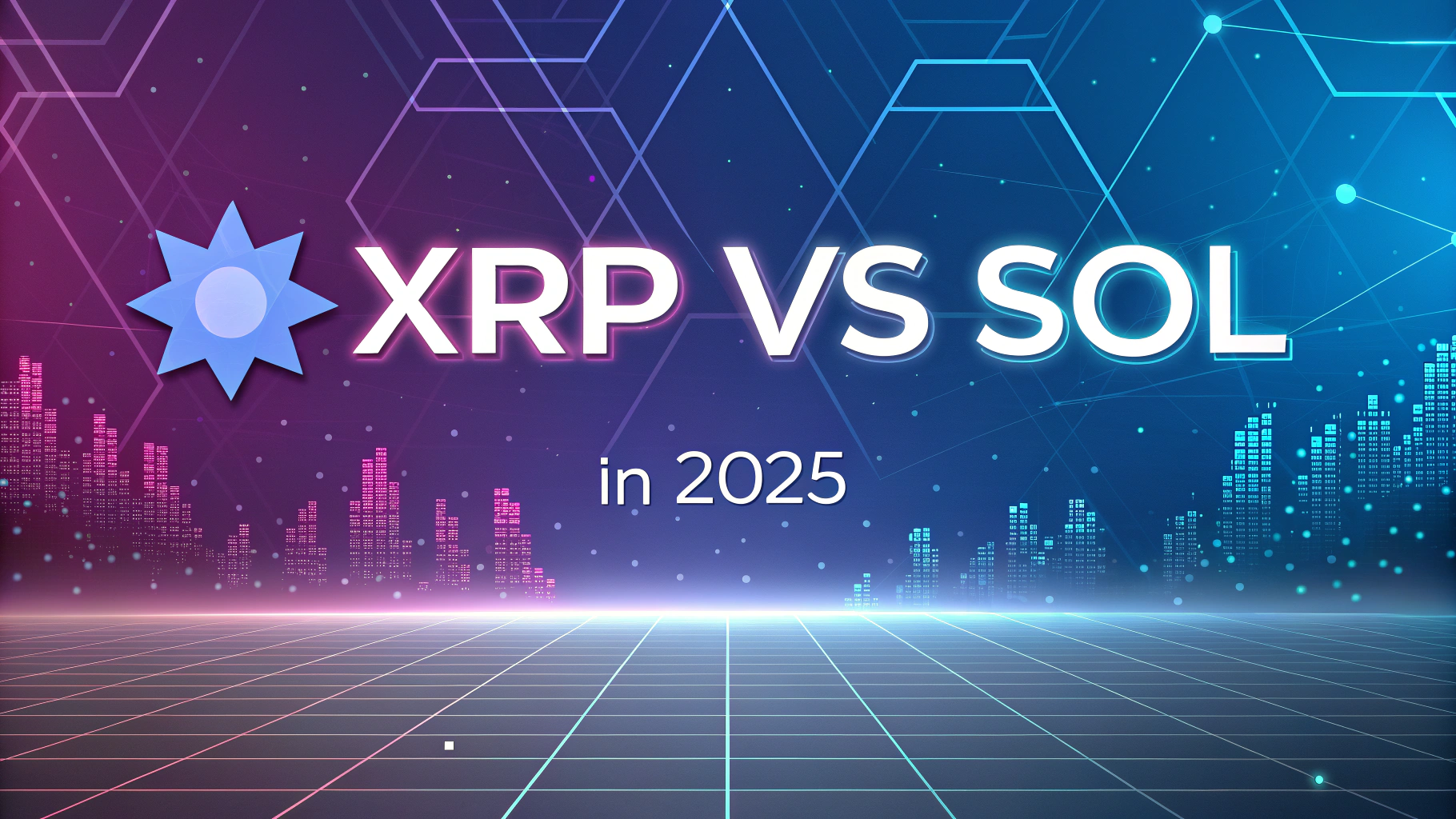 AI generated image by Red Panda AI: Futuristic banner for a blogpost, with fintech sci-fi theme multicolor and crystal background with blockchain, investment element in financial article style. Big title "XRP vs SOL" and small title "in 2025"