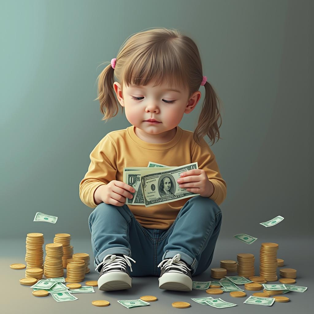 AI generated image by FLUX.1-pro: картинку создать, типа кружок финансовой грамотности, в общем, дети сидят, допустим, это мальчика-девочка, калькулятор, деньги, там что-нибудь такое, в общем, для анонса.