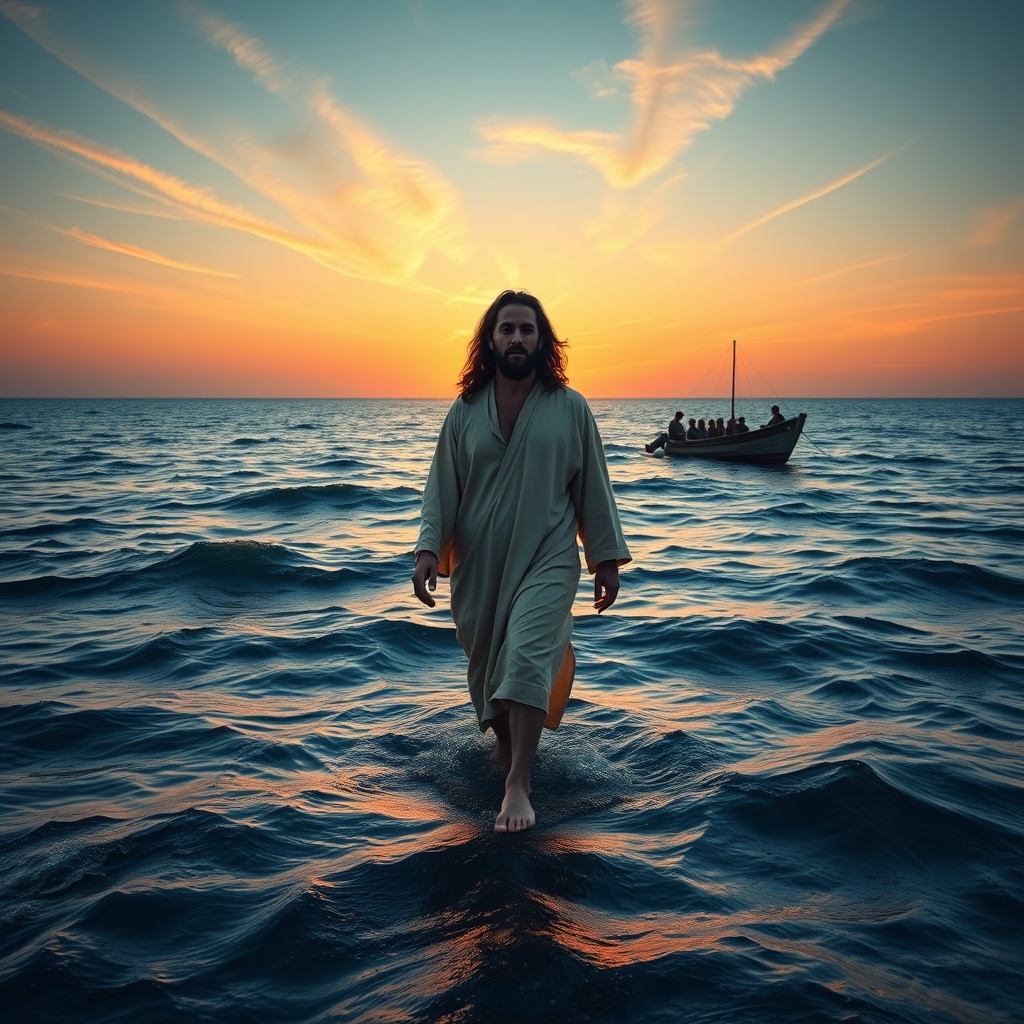 AI generated image by FLUX.1-schnell: Dynamic Description: In the twilight of the open ocean, Jesus stands facing the viewer, walking gracefully on the water's surface. The horizon stretches infinitely, with deep, dark-blue waves rolling gently, reflecting the warm hues of the setting sun. Jesus, with long, flowing dark brown hair and a well-groomed beard, radiates serenity and divine authority. He wears a flowing beige robe that catches the breeze, glowing softly in the twilight. His bare feet create faint ripples, emphasizing the miraculous nature of his presence. The ocean around him shimmers with shades of amber, pink, and lavender as the sun dips low, while streaks of glowing clouds fill the sky.
Camera Directions: The scene is shot from a front-facing perspective, starting with a wide-angle view centered on Jesus. The camera moves smoothly backward, maintaining focus on Jesus while revealing the vast ocean behind him. In the distance, the weathered fishing boat floats, with the 12 disciples clearly visible, their expressions of awe and reverence captured in the soft light. The shot finishes with a slow zoom onto Jesus’s face, while keeping the boat and horizon in the frame.
Atmosphere and Lighting: Warm, diffused twilight light casts a golden glow across the scene, illuminating Jesus and his robe with a gentle halo. The waves are softly lit, reflecting the sunset’s colors. The disciples on the boat are bathed in the same warm light, their expressions vivid against the twilight sky. The gentle motion of the water adds a tranquil and profound feel, enhancing the scene's miraculous and emotional depth.