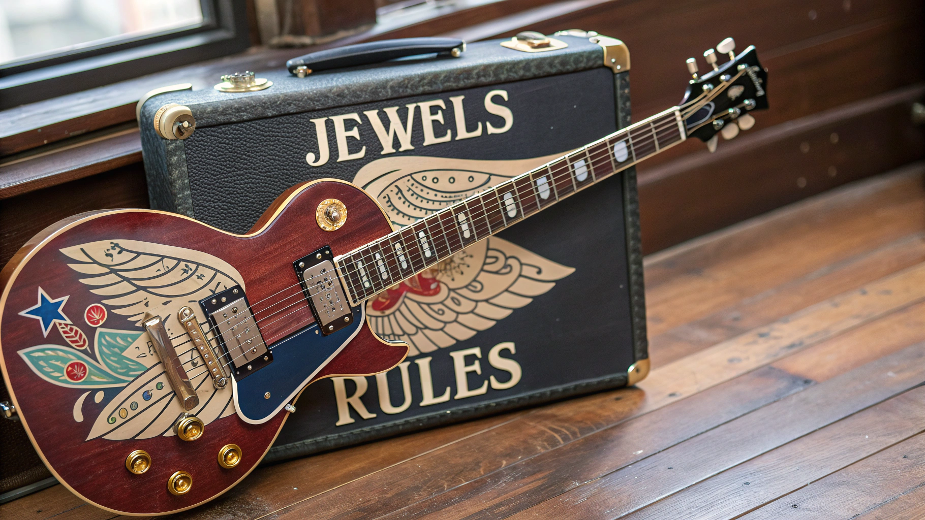 AI generated image by Red Panda AI: Band logo for the band, "Jewels Rules". Americana, blues, authentic, wood and leather, custom art on front of guitar slanted, 4X12 cabinet