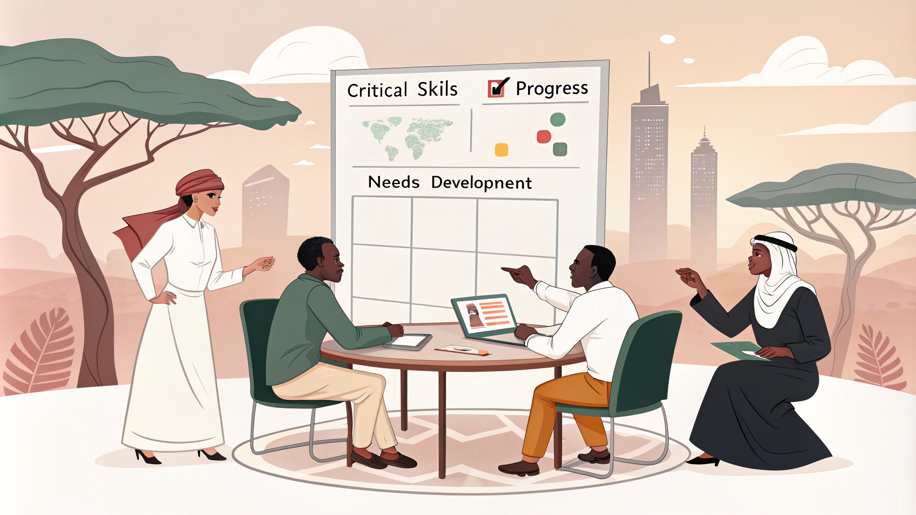 AI generated image by Red Panda AI: A finely detailed, minimalist illustrative drawing of an African corporate setting, showing a group of professionals collaborating on a strategic skills matrix. The scene features a round table with individuals of diverse backgrounds, each contributing ideas. The matrix is displayed on a flip chart, with simple, color-coded sections labeled 'Critical Skills,' 'In Progress,' and 'Needs Development.' The professionals are shown in traditional and modern attire, symbolizing a blend of culture and progress. The background includes light, abstract outlines of an African city skyline and baobab trees, rendered in soft, pastel tones for a calm and focused atmosphere.
