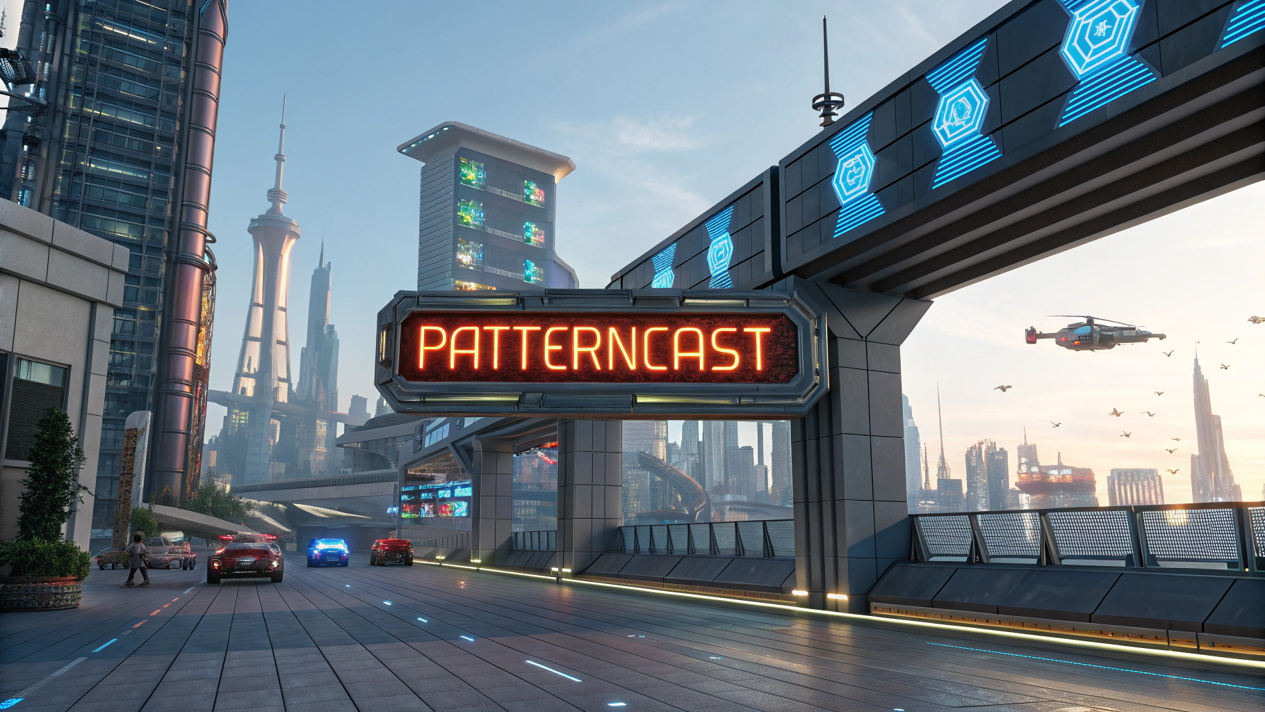 AI generated image by Red Panda AI: Something amazing from the future. A sign says "PatternCast"
