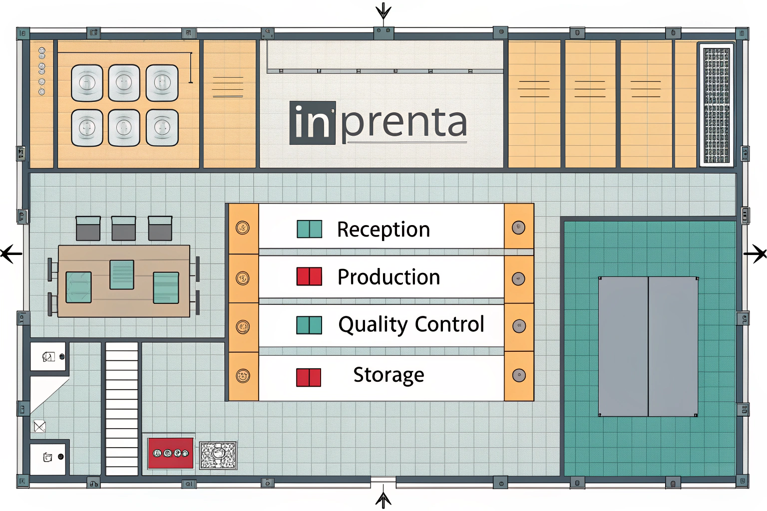 AI generated image by Red Panda AI: Plano o diagrama del espacio físico: Un esquema que muestre la distribución de las áreas (recepción, producción, control de calidad, almacén, etc.), esto para una pequeña empresa de imprenta llamada "INprenta". Puede ser un plano 2D
