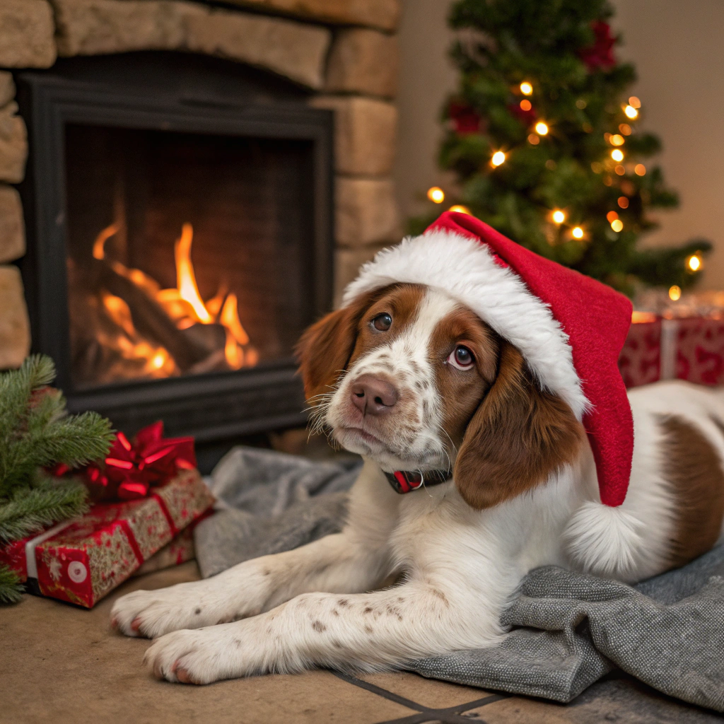 AI generated image by Red Panda AI: Create a photorealistic image of a brown and white brittany puppy (light tan nose and eyes, slender nose) lying down in front of a roaring fire in a fireplace. Christmas decor. Dog has pleasant expression and is wearing a santa hat.
