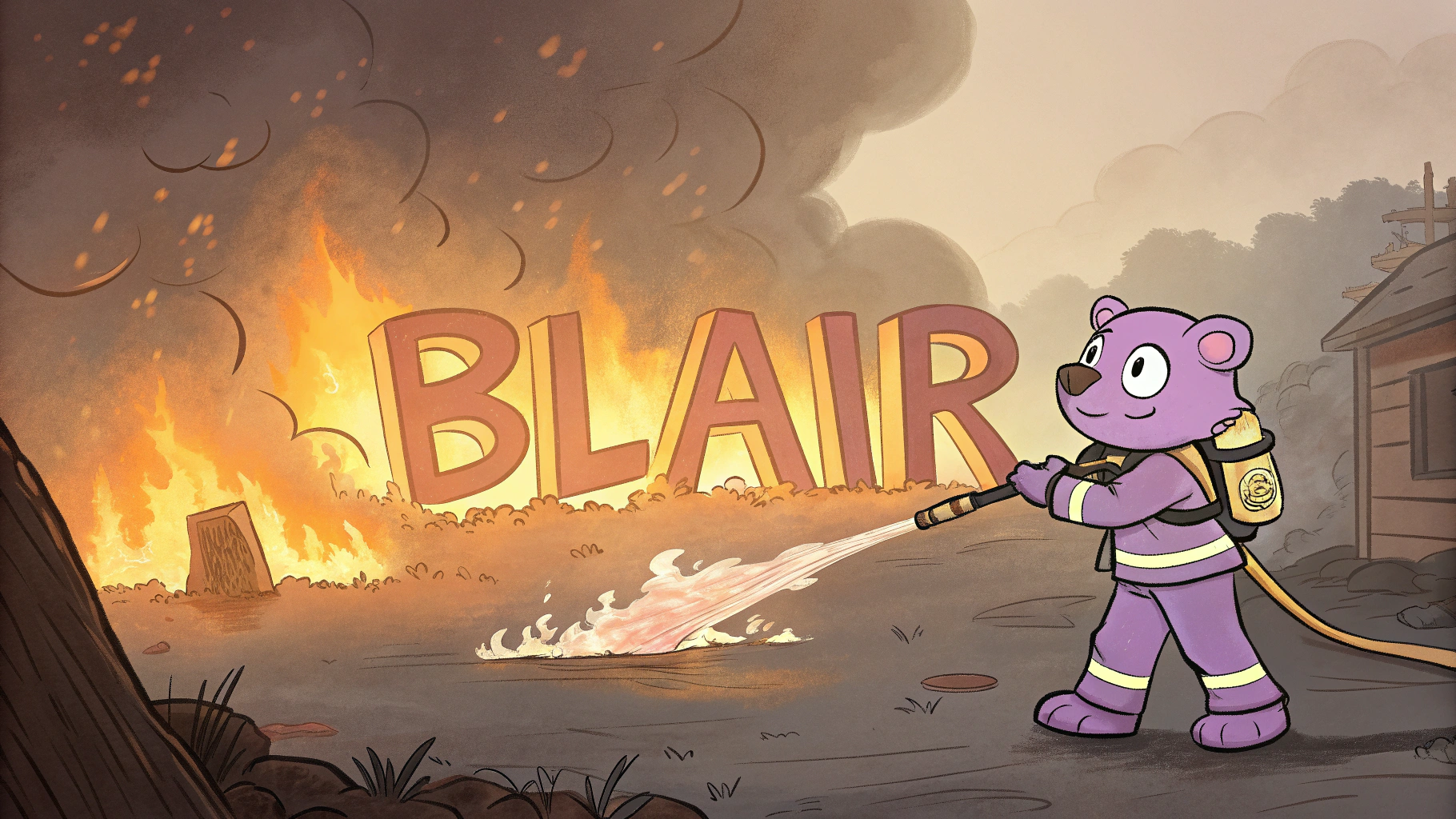 AI generated image by Red Panda AI: The word "Blair" on fire. Clearly on fire. The word "Blair" ablaze. Fire everywhere. A purple bear is a firefighter who is putting out the fire.
