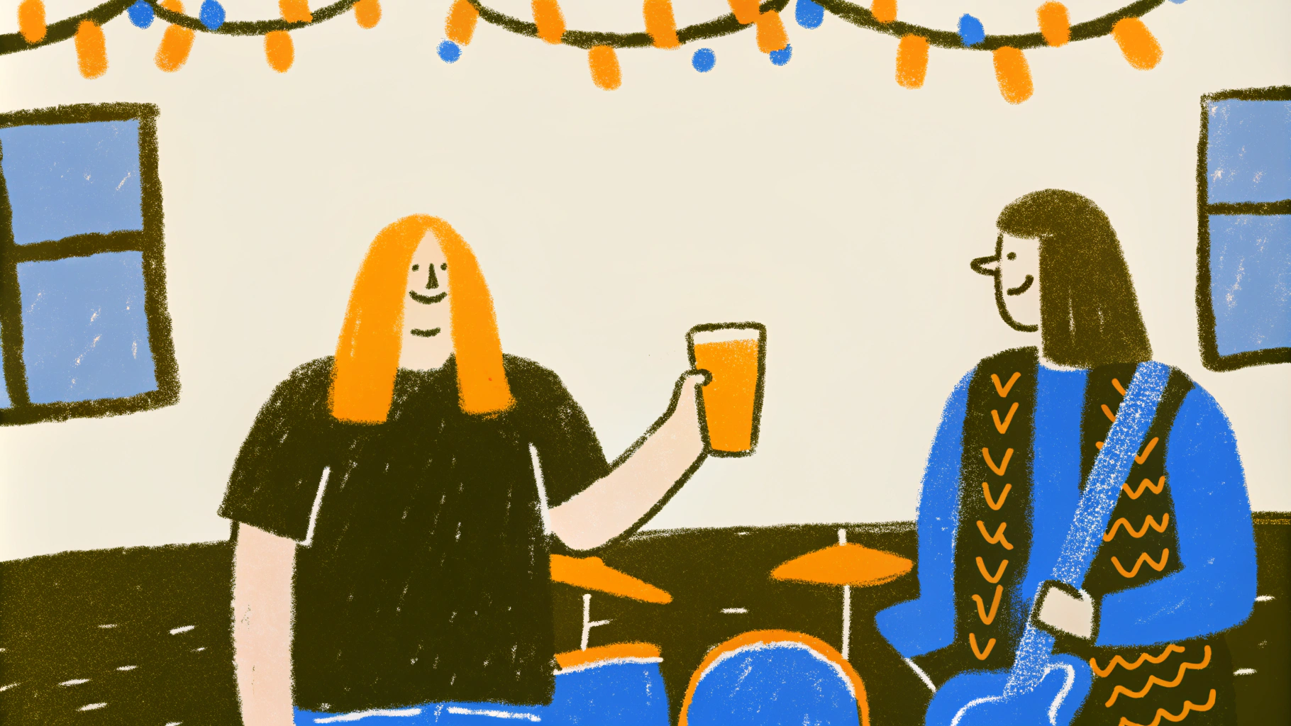 AI generated image by Red Panda AI: Genera una imagen tipo comic de un banquete navideño y una habitación adornada por la época navideña y un metalero brindando con cerveza en mano, una guitarra sujeta a su espalda y un pedazo de pierna de pavo en la otra mano. Cabello largo, playera negra, chaleco de piel negro