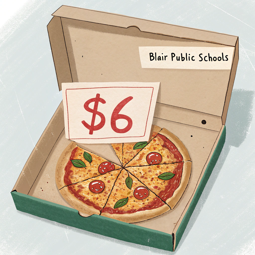 AI generated image by Red Panda AI: image of a pizza in a box with 11 slices visible. In place of slice #12 is the hand-written text: "$6". The name on the sign of the
pizza restaurant sign is "Blair Public Schools"