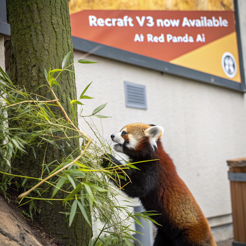 AI generated image by Red Panda AI: a red panda eating a bamboo in front of a poster that says "recraft V3 now available at red panda ai