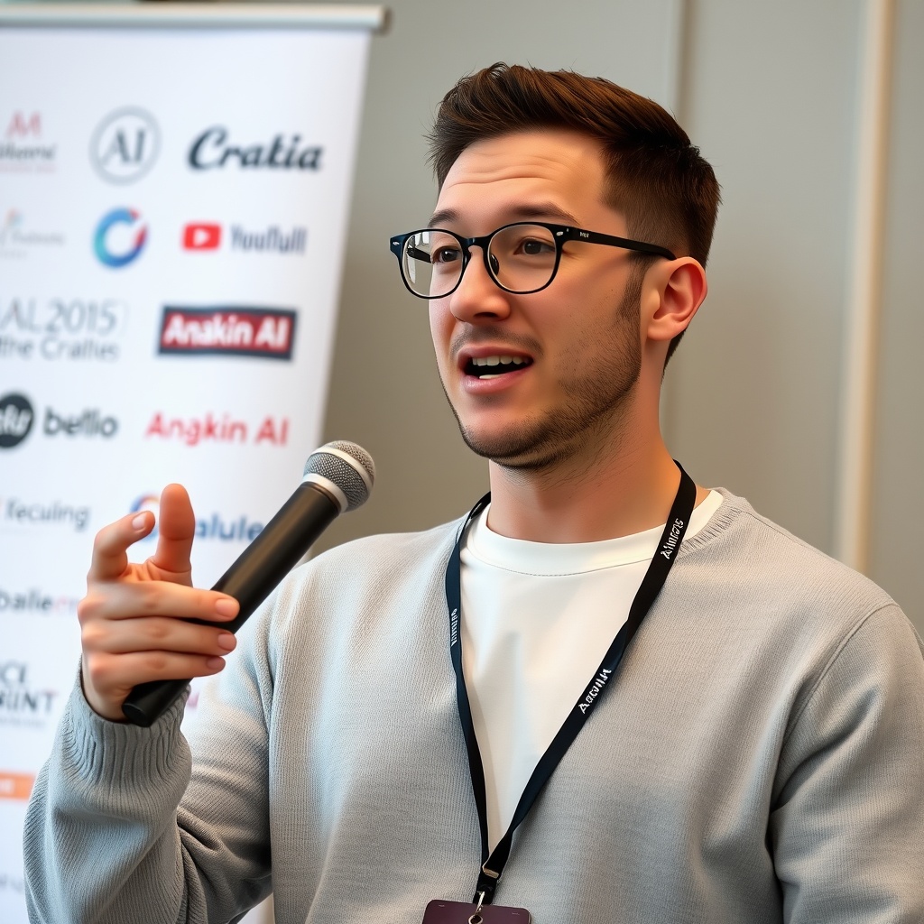 AI generated image by FLUX.1-schnell: ssy on top. He has a round circle face, clean shaven, adorned with rounded rectangular-framed glasses with dark rims, is animated as he gestures with his left hand. He is holding a black microphone in his right hand, speaking passionately. The man is wearing a light grey sweater over a white t-shirt. He's also wearing a simple black lanyard hanging around his neck. The lanyard badge has the text "Anakin AI". Behind him, there is a blurred background with a white banner containing logos and text (including Anakin AI), a professional conference setting.