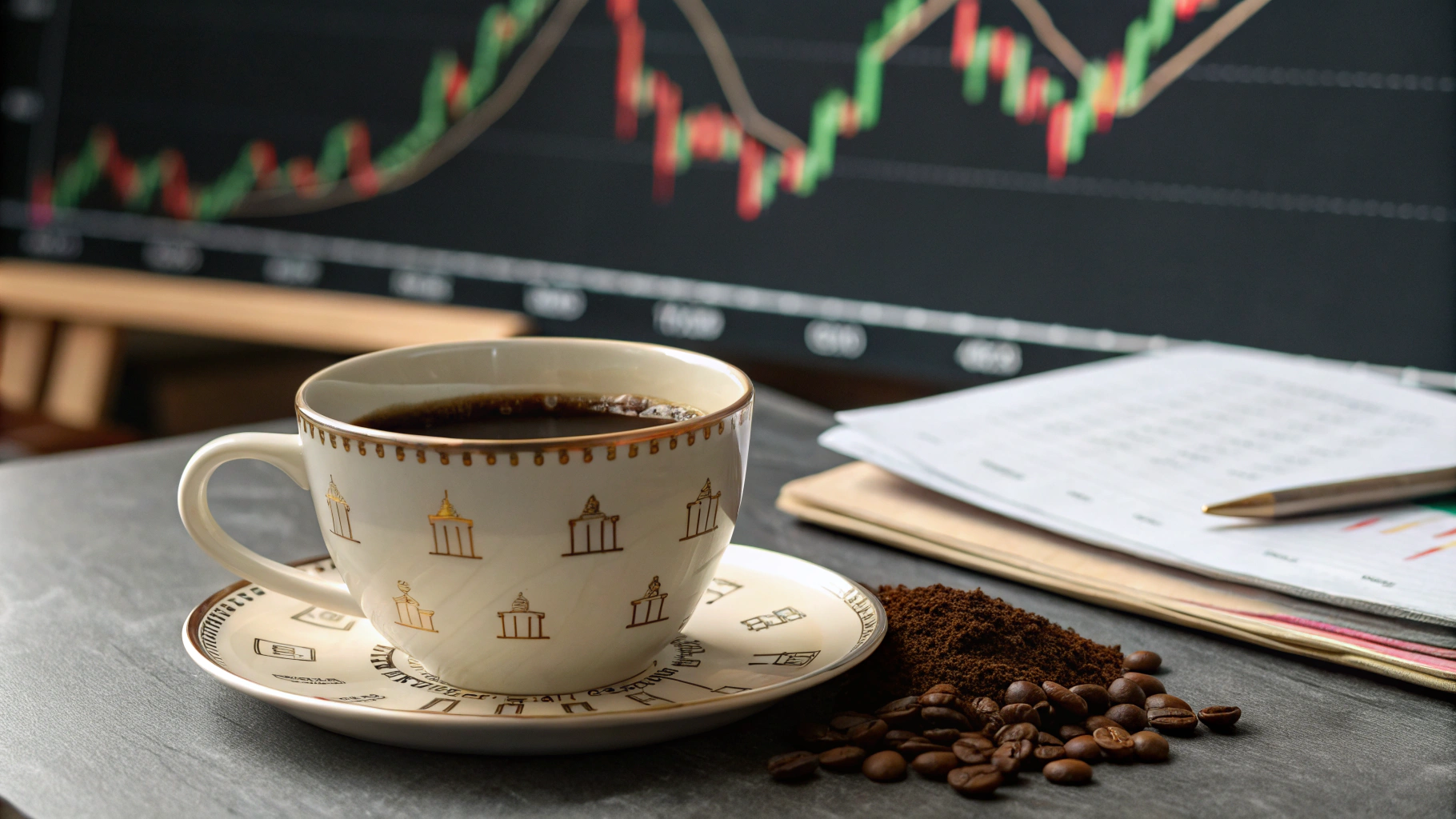 AI generated image by Red Panda AI: a traditional coffee cup with market candlestick patterns visible in the coffee grounds at the bottom.
Perhaps the coffee cup sits on a desk with a financial chart in the background showing the dramatic market volatility, while a beam of light illuminates the specific pattern in the grounds that predicted the market's movement.