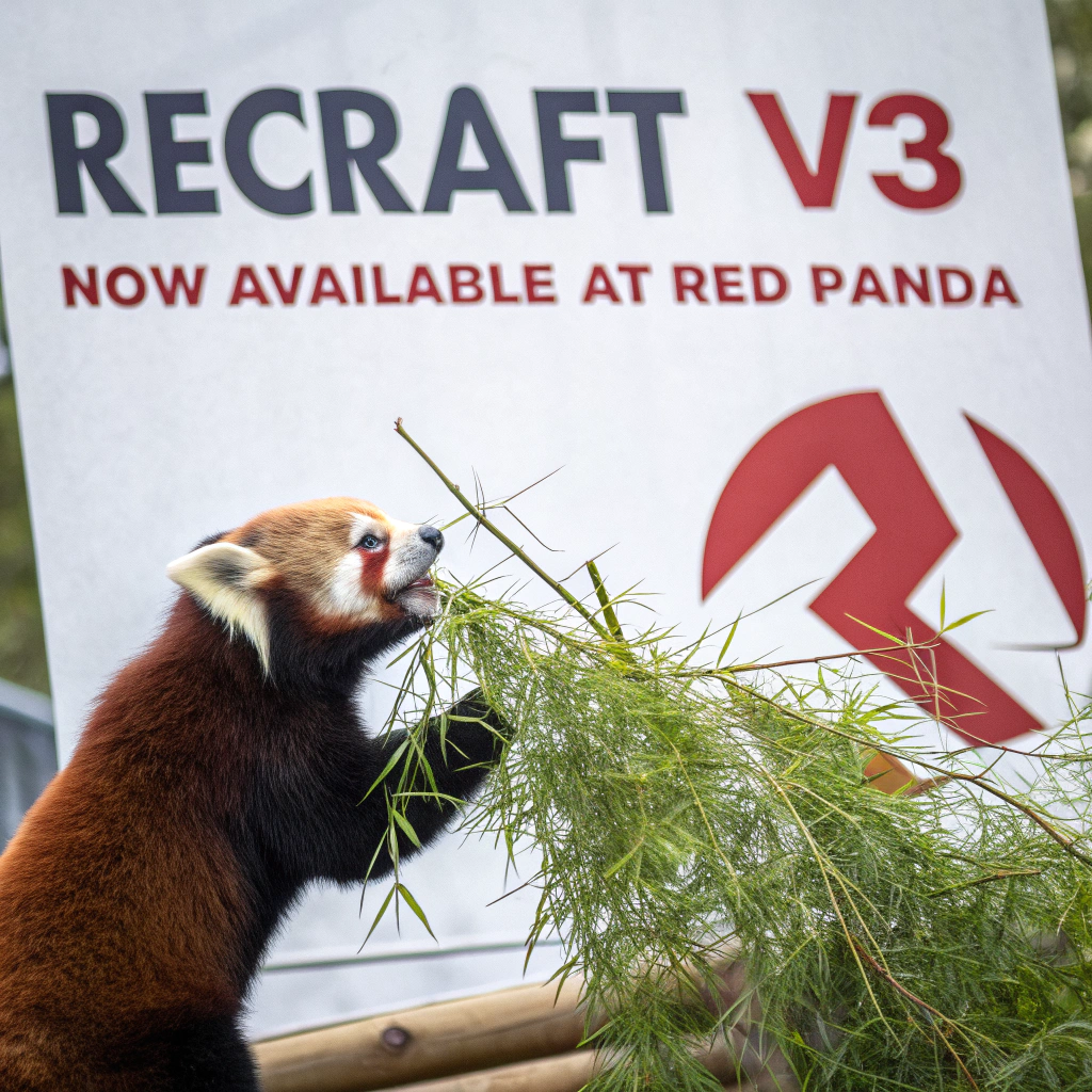 AI generated image by Red Panda AI: a red panda eating a bamboo in front of a poster that says "recraft V3 now available at red panda ai