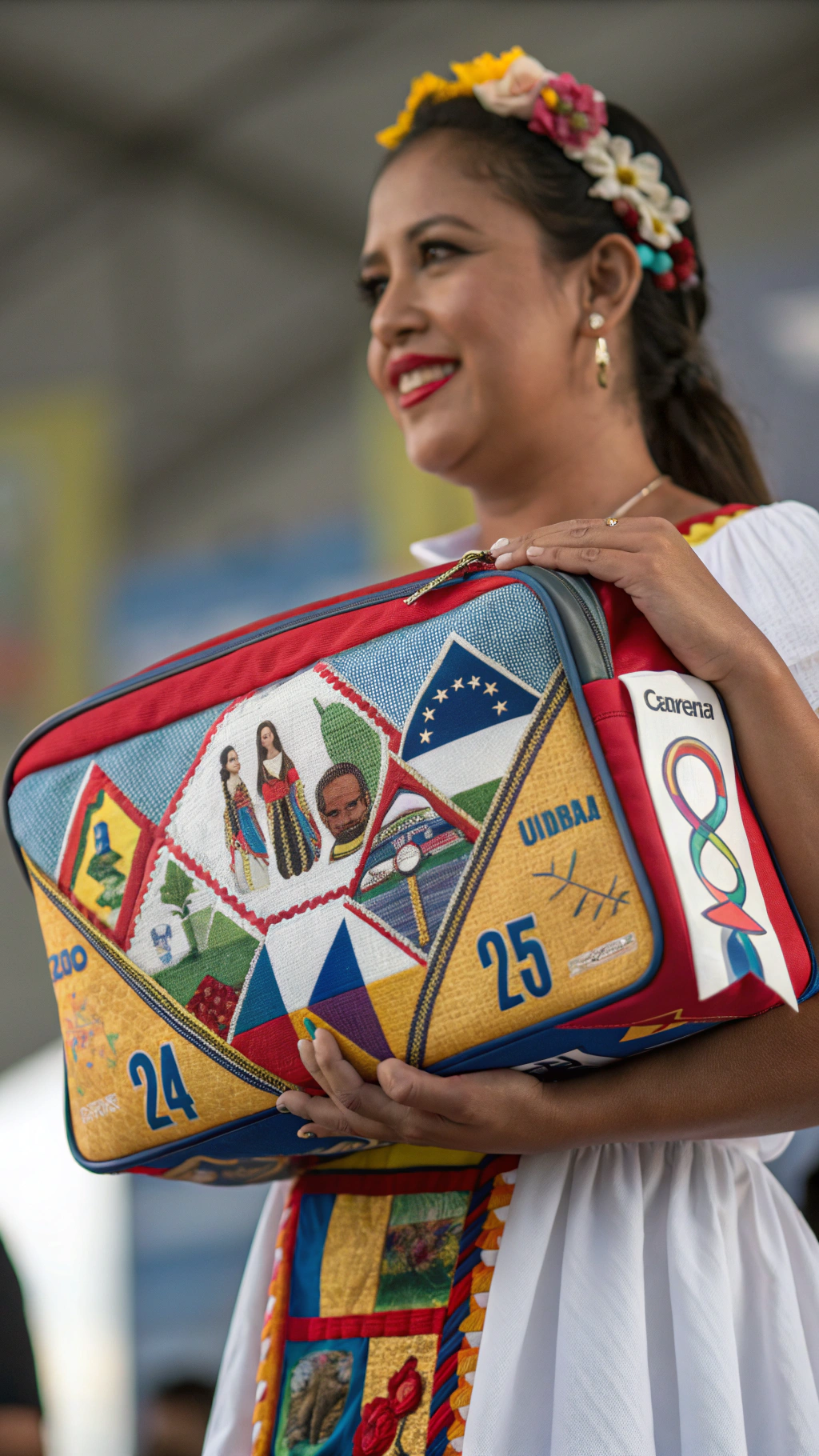 AI generated image by Red Panda AI: Create a 3D image of a Venezuelan woman holding a cosmetic bag with images of Venezuela with geometric shapes, colors and numbers.