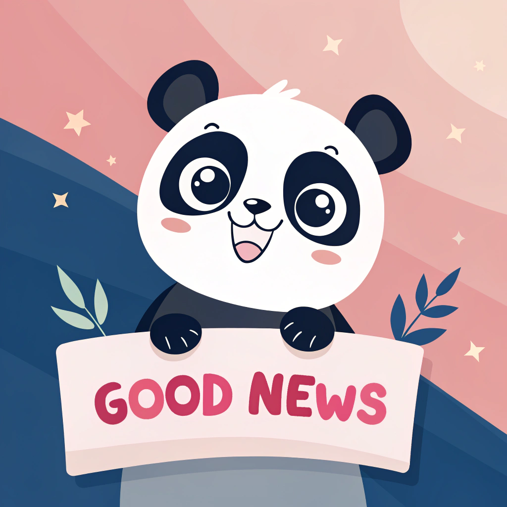 AI generated image by Red Panda AI: un panda noir et blanc animé mignon qui annonce une bonne nouvel avec des couleurs d'arrière plan rose et bleu marine