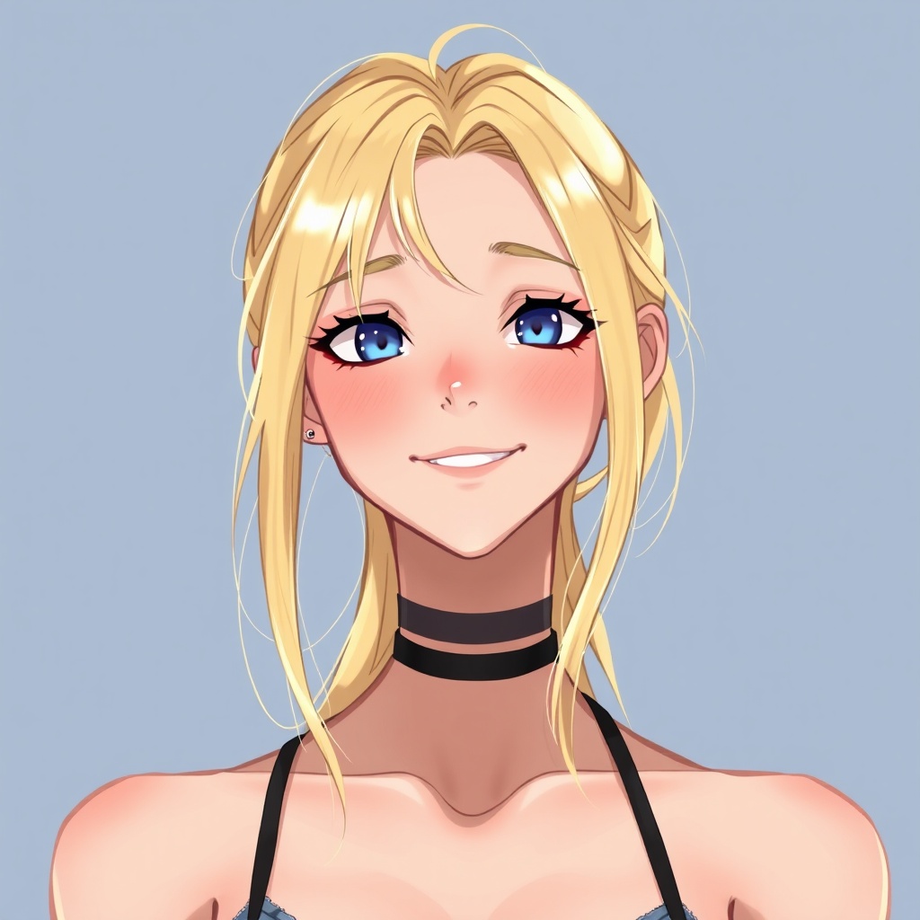 AI generated image by FLUX.1-schnell: happy, blonde hair, blue eyes, masterpiece quality, skinny, thick thighs, solo, 1girl, mature, 31 years old, the art style is very clean and clear, necklace, choker, ear piercings,