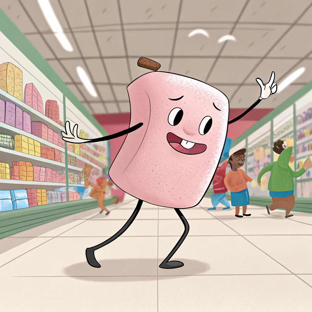 AI generated image by FLUX.1-schnell: Pixar style, Pink marshmallow man with stick figure arms and legs, doing a dance in a supermarket