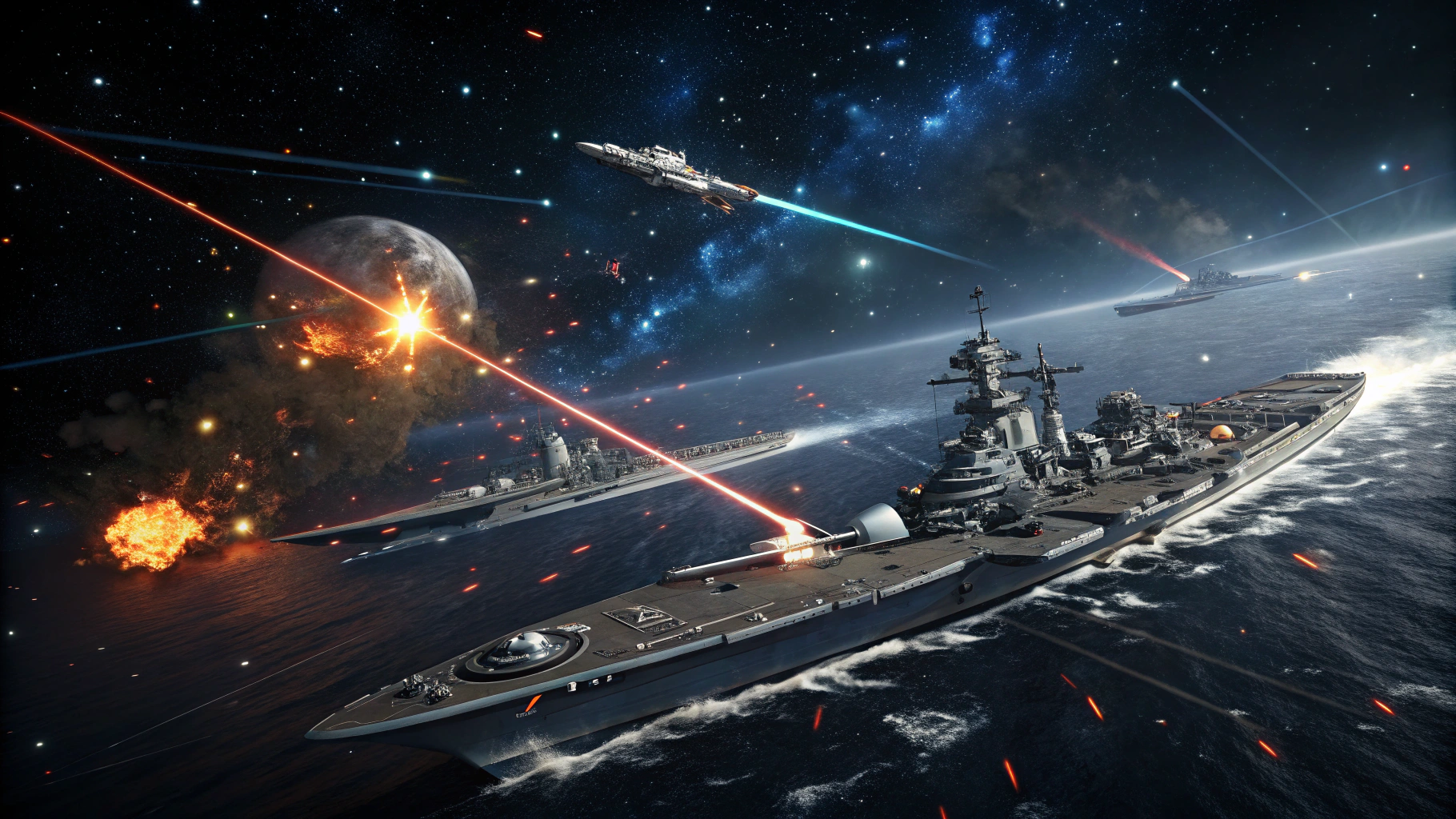 AI generated image by Red Panda AI: Battleship war in a space background that can be used as a computer wallpaper