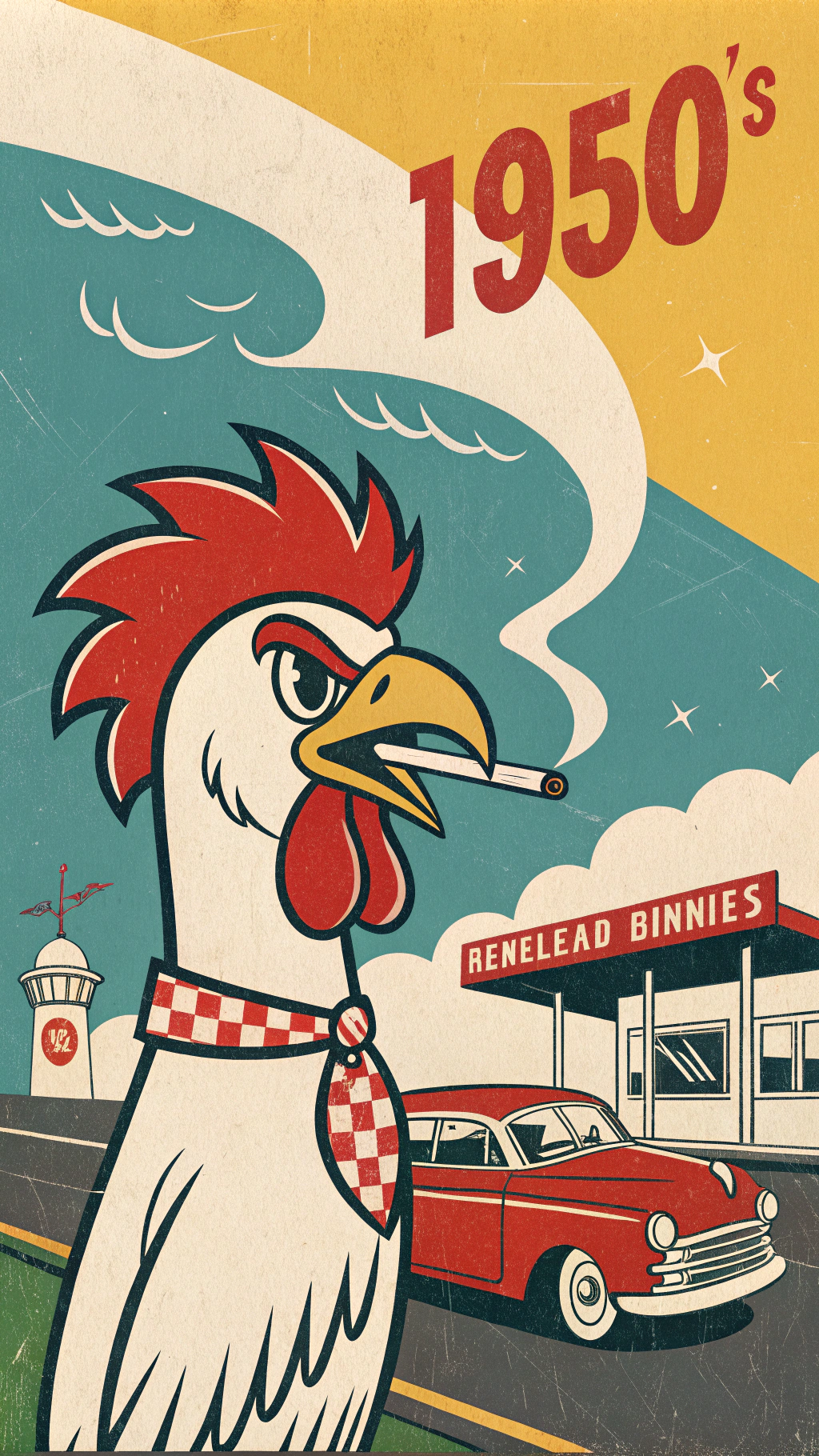 AI generated image by Red Panda AI: vintage poster 1950's style of chicken who smoke cigaret