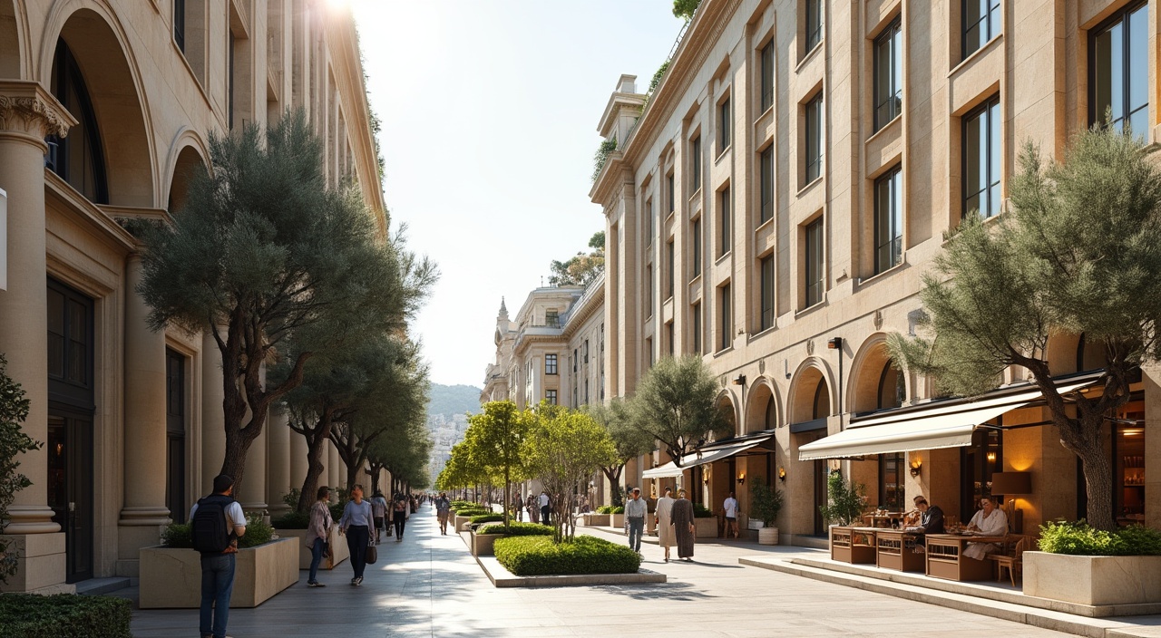 AI generated image by FLUX.1-pro: A modern district in Athens reimagined with wide boulevards, tall neoclassical buildings with arched windows, and rooftop gardens featuring olive trees and herbs. The city incorporates the ancient with the new, with columns, marble facades, and minimalistic, yet richly textured stone buildings. Mediterranean flora adorns pedestrian areas, while cafés and street vendors sell traditional Greek food and coffee.