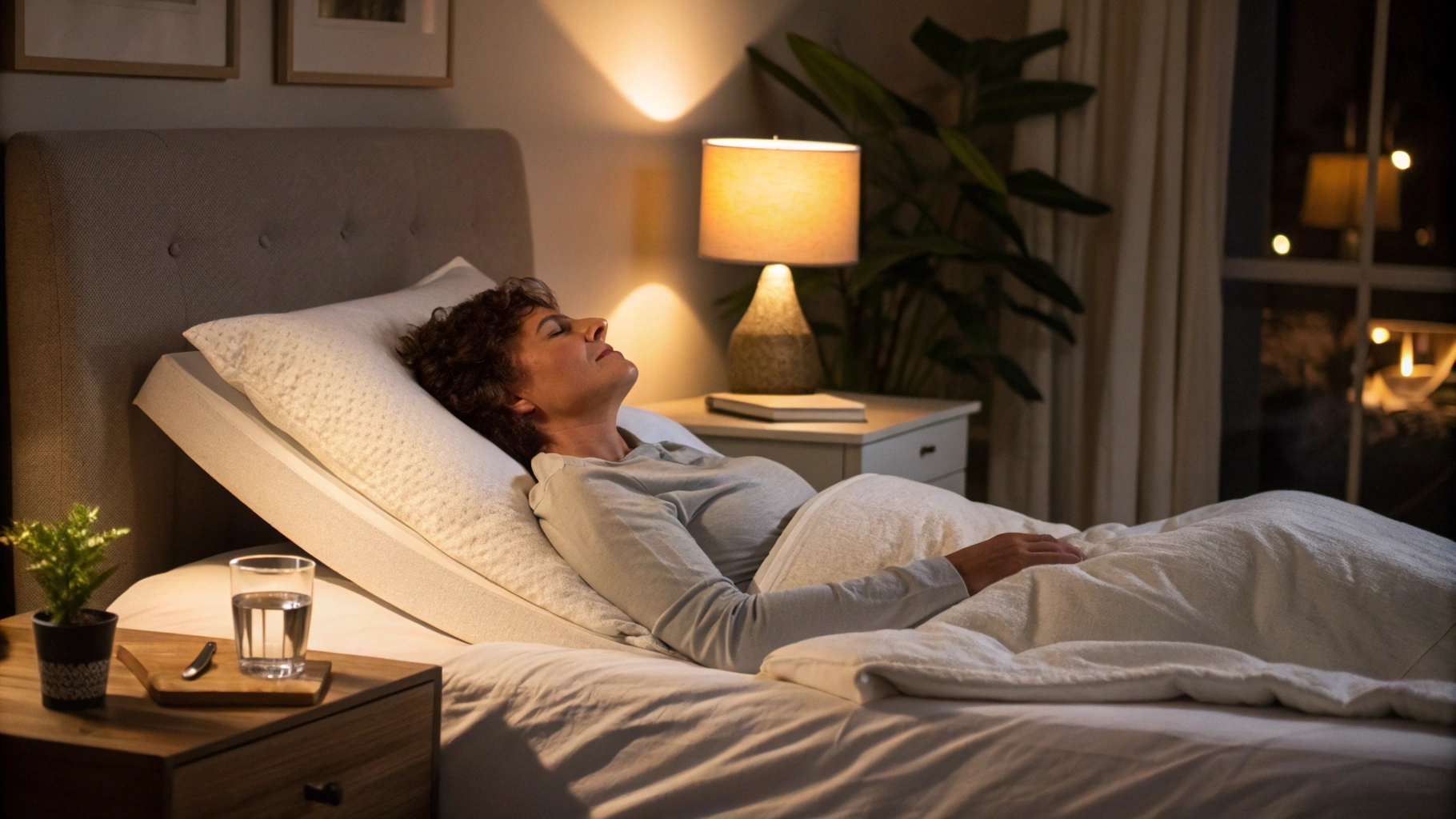 AI generated image by Red Panda AI: A peaceful bedroom at night with a person sleeping on a bed, the head of the bed slightly elevated using a wedge pillow. The person is resting comfortably with an additional pillow under their legs, promoting blood circulation and reducing swelling. The room is dimly lit with soft, warm lighting, creating a cozy atmosphere. The scene includes elements like a bedside table with a glass of water and a potted plant, symbolizing a healthy, restful environment. The focus is on comfort, relaxation, and health benefits from proper sleeping posture, such as reduced acid reflux, nasal congestion relief, and improved leg circulation.