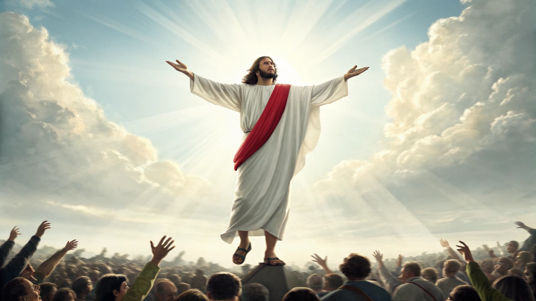 AI generated image by Red Panda AI: dame una imagen realista de Jesús bajando del cielo con las manos hacia adelante con túnica blanca y una franja color rojo desde el hombro hasta los pies se encuentra cubierto con una luz brillante por todo su cuerpo le espera una multitud con las manos hacia arriba