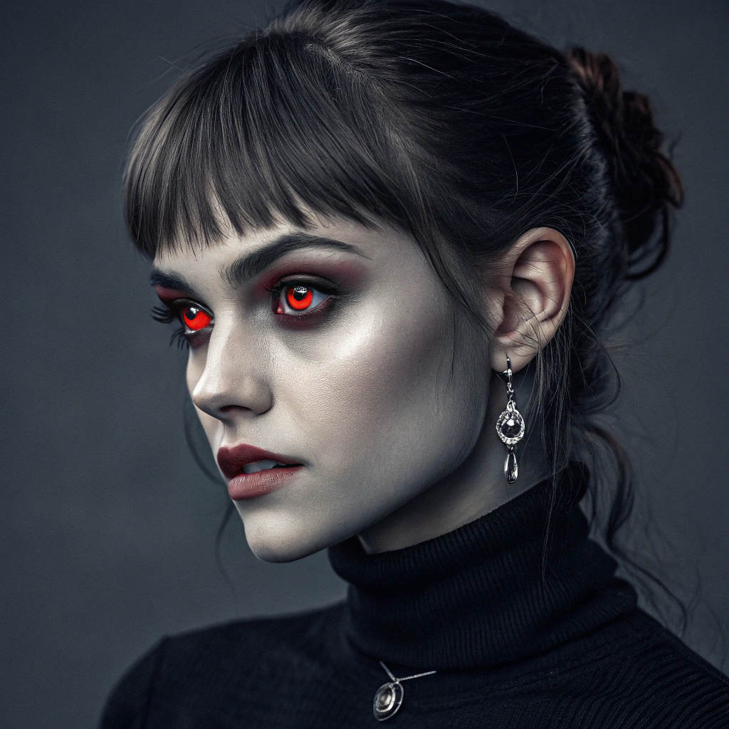 AI generated image by Red Panda AI: Es el retrato de un personaje femenino con una estética oscura y llamativa. Su piel tiene un tono grisáceo, dándole un aire sobrenatural o inquietante. Sus ojos son de un rojo brillante intenso, lo que añade un contraste poderoso con su piel y refuerza la atmósfera mi
El cabello es oscuro, con flequillo y recogido detrás, aunque los detalles no son completamente visibles. Lleva un suéter negro de cuello alto, que resalta la sensación de sobriedad y elegancia. Usa unos pendientes decorativos que cuelgan, detallados y que podrían tener un toque gótico o vintage. También lleva un colgante sencillo que complementa su vestimenta minimalista pero cargada de simbolismo.
Su expresión facial es seria y penetrante, con sombras alrededor de los ojos que acentúan su mirada profunda y algo intimidante. La iluminación es tenue, centrada en su rostro, lo que refuerza la sensación de misterio. El fondo es simple y neutral, para mantener el foco en la persona.