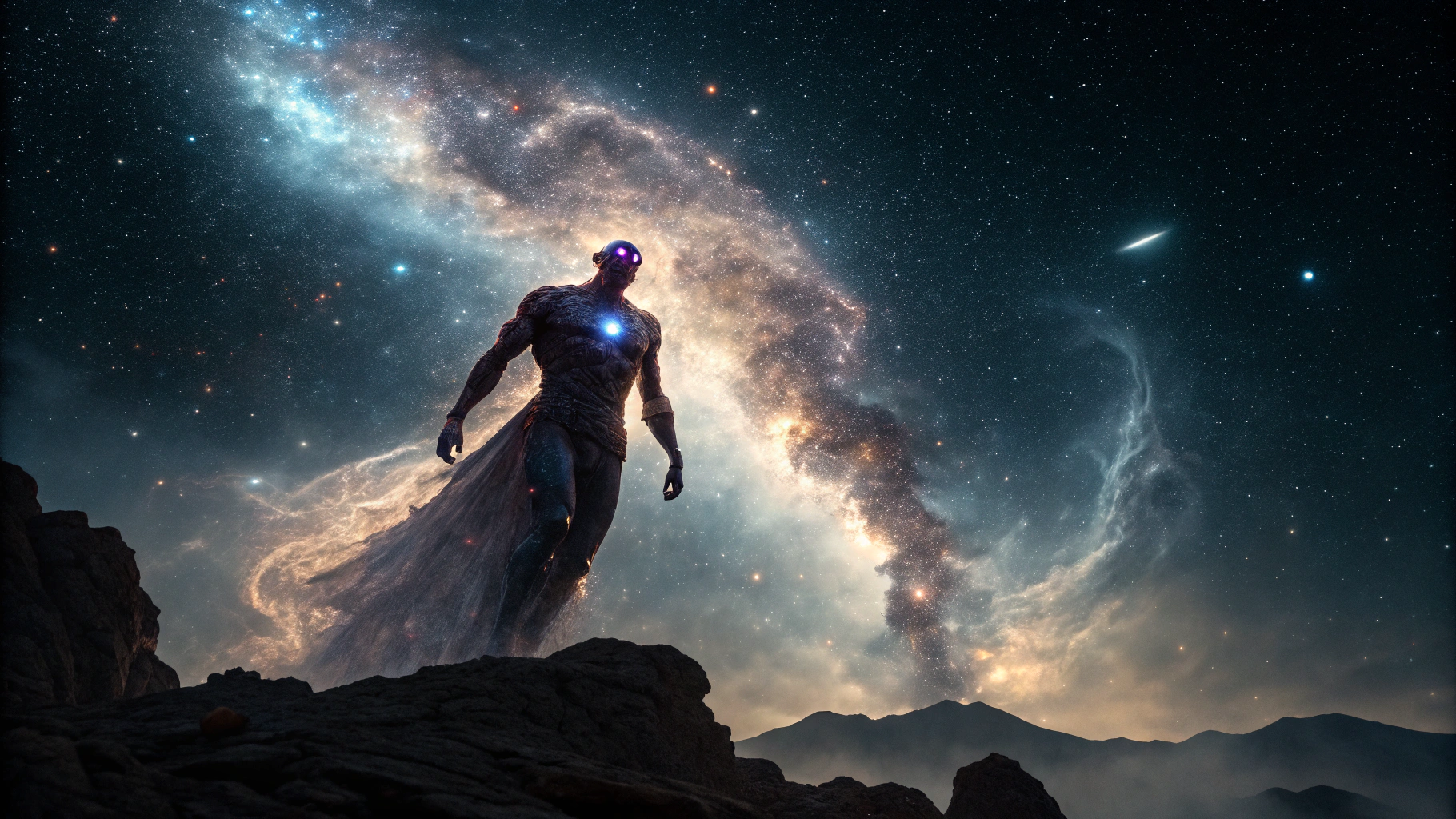 AI generated image by Red Panda AI: "Create a highly realistic image of a powerful djinn descending dramatically from the sky and the vast expanse of the universe. The djinn has an ethereal, yet formidable appearance, with a mystical aura surrounding him, as if he's made of stardust and cosmic energy. His form reflects strength and mystery, with fierce, glowing eyes and swirling energy trailing from his body. The sky above is filled with galaxies, stars, and nebulae, suggesting his otherworldly origins, while his descent is intense and symbolic of pushing limits. The scene should feel dark, majestic, and awe-inspiring, capturing both the vastness of the cosmos and the intensity of his power.