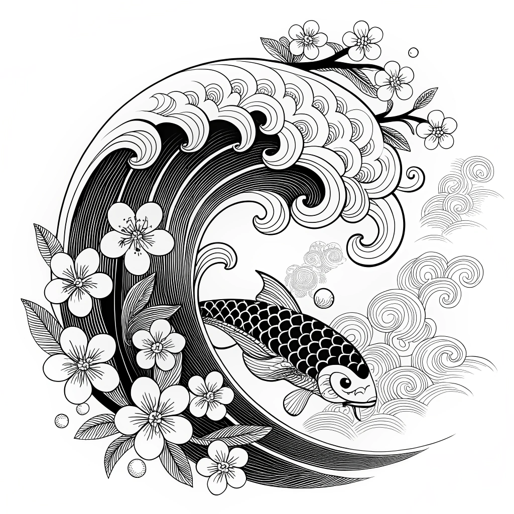 AI generated image by Red Panda AI: A detailed Japanese traditional tattoo design in black and white, featuring dynamic finger waves, delicate cherry blossom flowers, koi fish scales, and swirling clouds. The composition is intricately balanced, with bold line work, fine shading, and harmonious patterns inspired by classic Irezumi style. The design emphasizes movement and flow, incorporating traditional Japanese aesthetics and motifs, with an elegant and timeless appeal.