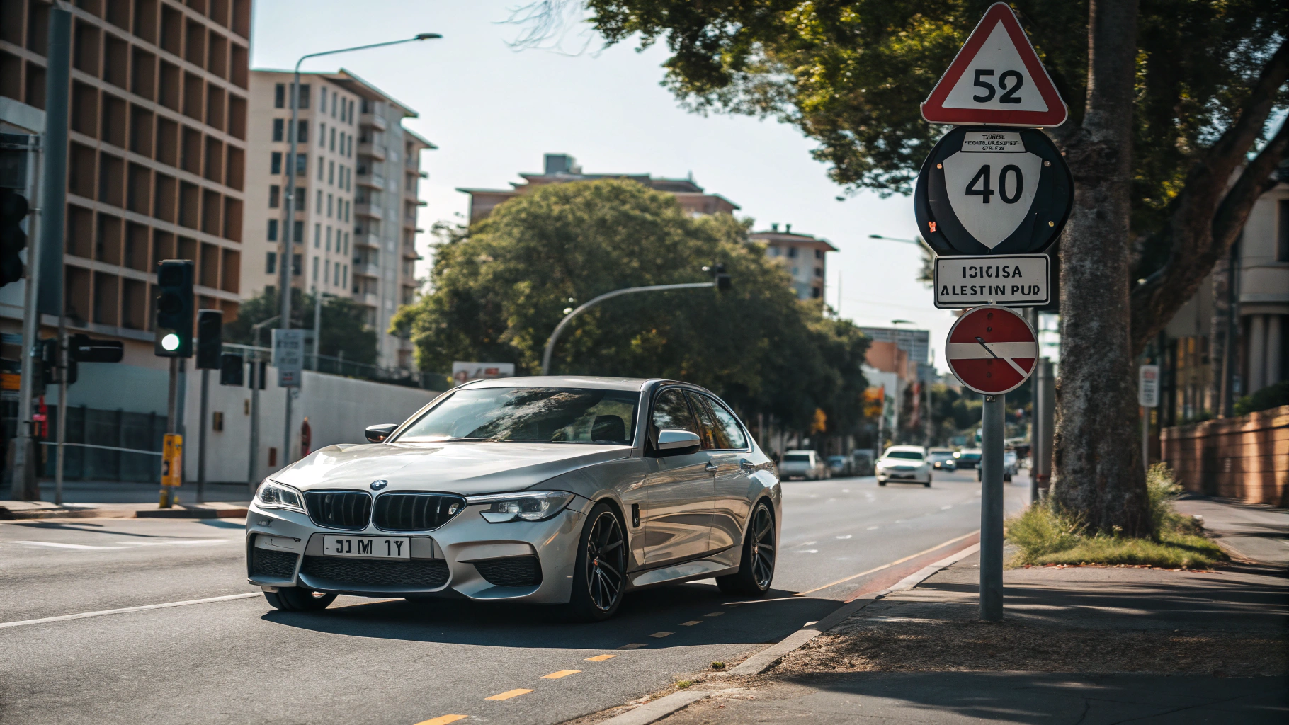 AI generated image by Red Panda AI: A realistic street scene during daytime with one car on the road. The car has visible logos BMW and license plates A12MD. On the side of the road, there is a traffic light and a road sign that clearly reads 'SPEED LIMIT 40'.