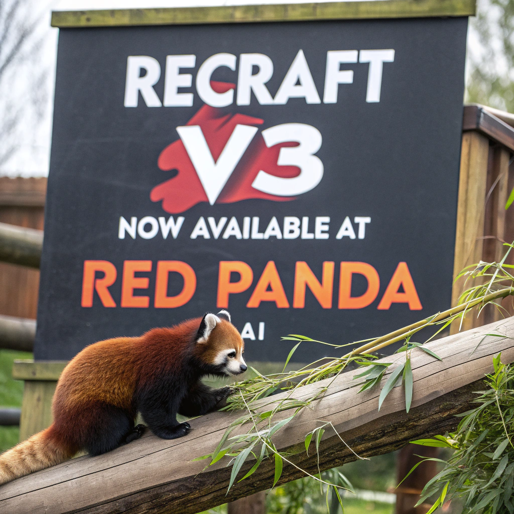AI generated image by Red Panda AI: a red panda eating a bamboo in front of a poster that says "recraft V3 now available at red panda ai