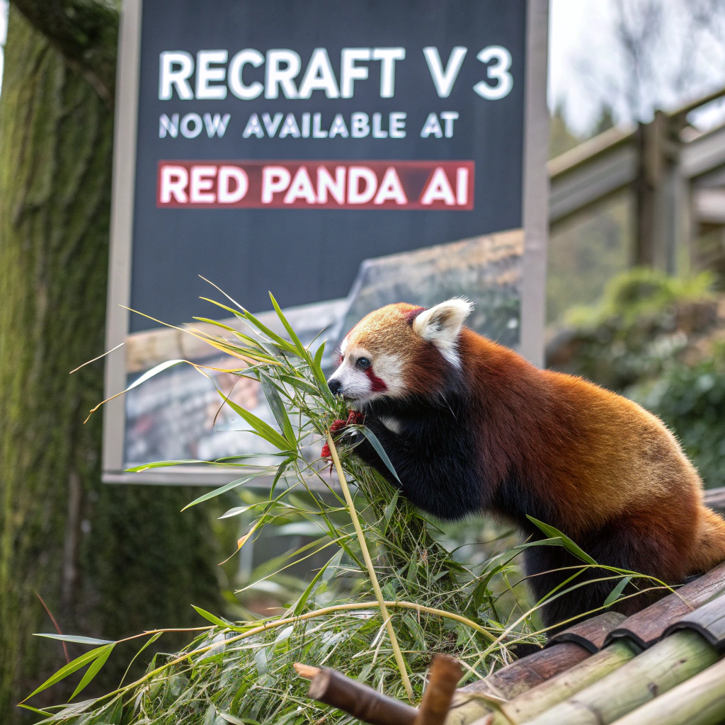AI generated image by Red Panda AI: a red panda eating a bamboo in front of a poster that says "recraft V3 now available at red panda ai