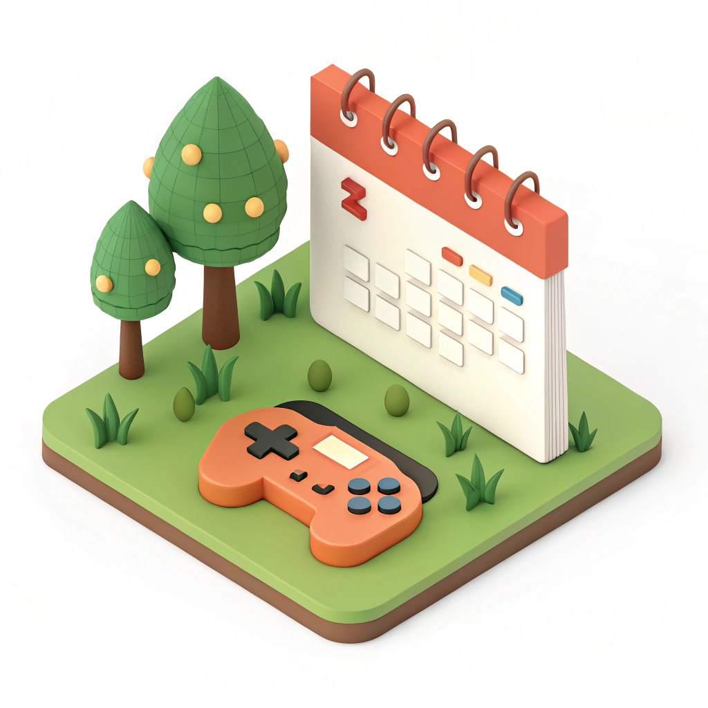 AI generated image by Red Panda AI: An isometric 3D rendering in a simple style inspired by mobile games, featuring clay-like material, soft lighting, and solid colors. The design includes simple details with a clean white background, creating an original and polished look. Calendar.