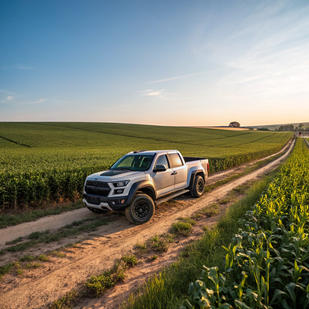 AI generated image by Red Panda AI: unas camioneta tipo ford raptor entre las parcelas
