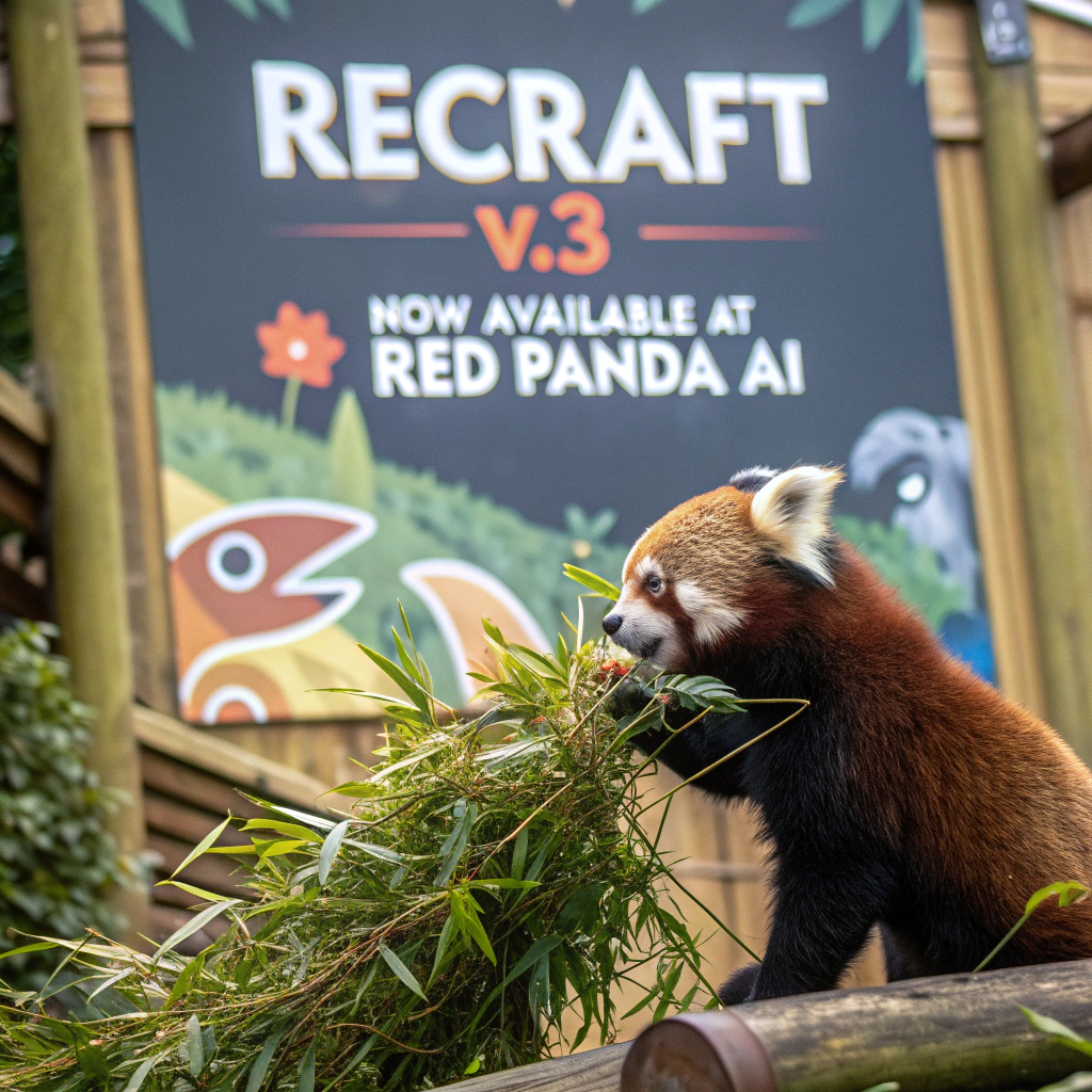 AI generated image by Red Panda AI: a red panda eating a bamboo in front of a poster that says "recraft V3 now available at red panda ai