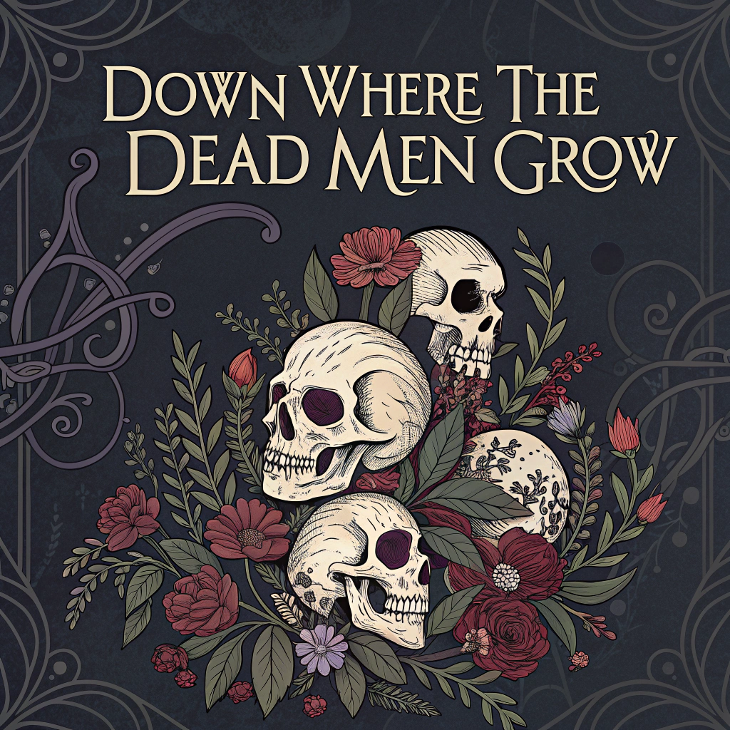 AI generated image by Red Panda AI: Book cover for a book called "Down Where the Dead Men Grow" with themes centered around skulls and floral motifs