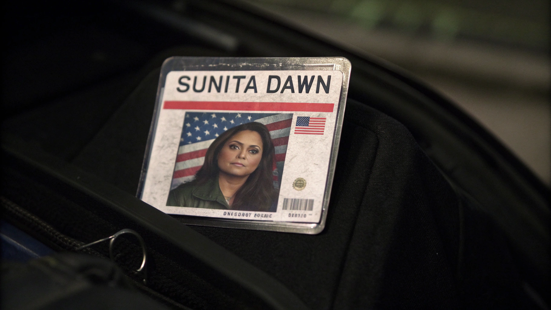 AI generated image by FLUX.1-schnell: The US government ID card of a guy named Sunita Dawn with all the details, in dark environment, clearly visible