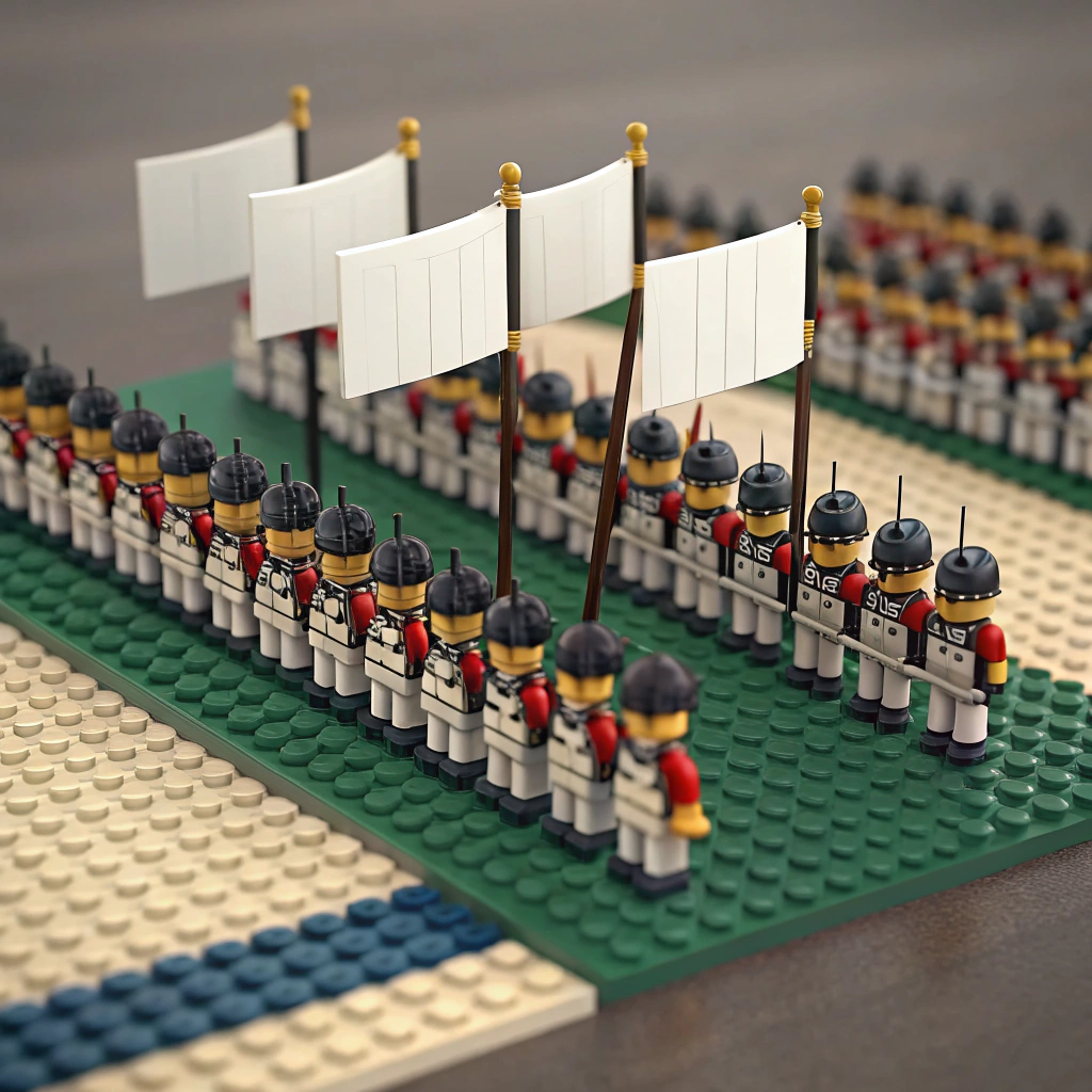 AI generated image by Red Panda AI: Nepolionic era infantry square of lego soldiers defending two white flags