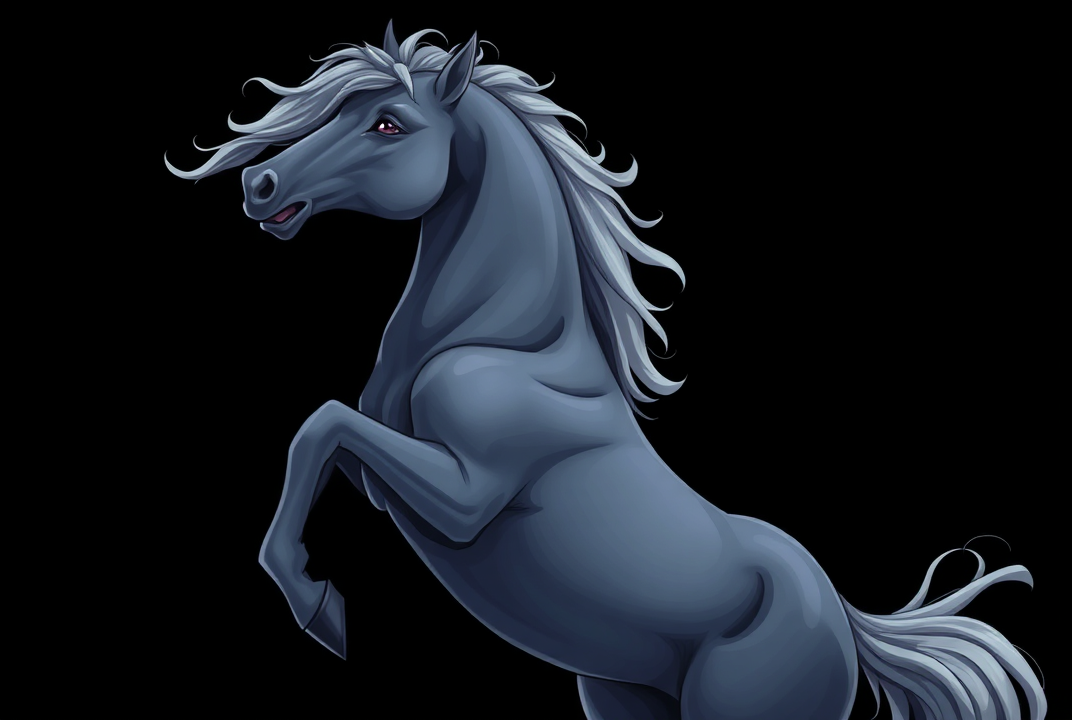 AI generated image by FLUX.1-schnell: Isolated black background A majestic gray anime horse rearing up against a dark, swirling background.