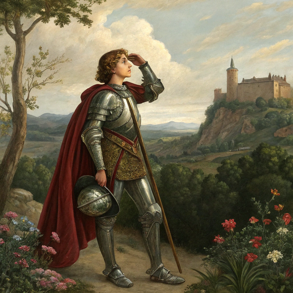 AI generated image by Red Panda AI: A young knight resembling Joan of Arc stands in a garden landscape with a castle in the background. In one hand, they hold their knight’s helmet, and with the other, they lift their cape behind their back. Render it in the style of Diego Velázquez, the Spanish artist.