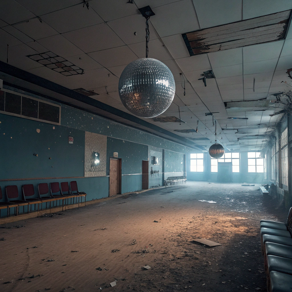 AI generated image by FLUX.1-schnell: A photo realistic photo of a empty dystopian discotheque with a disco ball hanging down in the center of the image